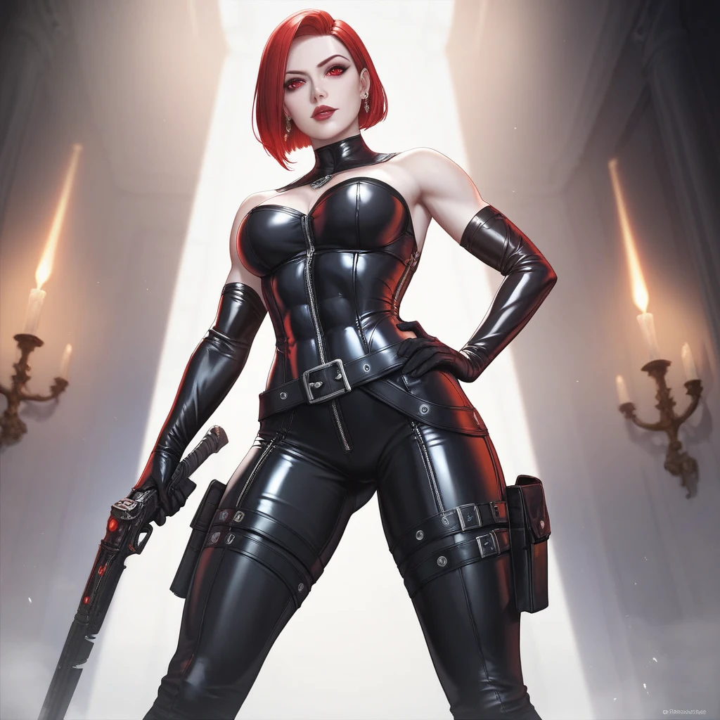 1 woman, standing, with seductive expression, loving smile, view from front, detailed eyes, pose sexy, long black hair, his super detailed glowing eyes, Full lips painted red, chiseled physique and wide hips. glasses, choker:1.6, (long sleeve white collar buttoned shirt), (shiny black corset), black gloves covering your hands, (shiny black leggings), Walking in a dark alley at night, This image oozes realism., capturing the essence of a fragile figure. digital art, photorealistic and high definition technique
