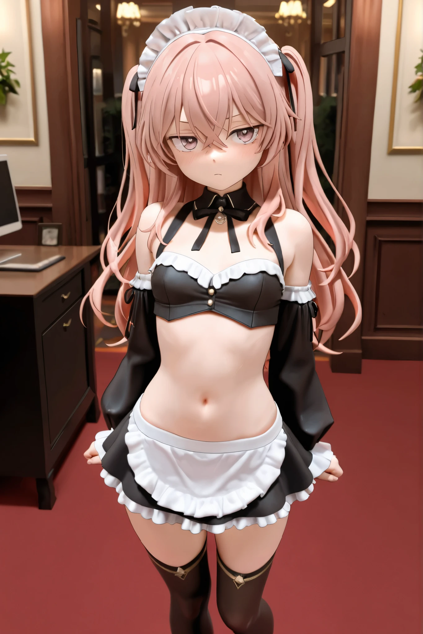 muste piece、masterpiece、highest quality、Super detailed、High resolution、8K portrait、High definition CG of Unity 8k wallpaper、cute type little:1.5、Lori:1.5、Highly detailed CG unity 8k wallpaper、Realistic、real person、 portrait photography、shiny skin、High definition、(:1.2)、(1 girl)、beautiful clear eyes、extremely detailed description、delicate face、nice lips、slender body、flat chest、thin waist、thin legs、(Hallway of the mansion:1.6)、1 girl, cute type, perfect face, seriously, (blush:1.5),(Pink hair twin tails:1.3),(flat chest:1.4),(Boobs Topless 1.3),(I have nipples:1.2),((Maid clothes:1.3)),(black dress:1.1),(looking at view:1.2),(from front:1.2),gran,((climax in vagina:1.5)),(hand behind head)