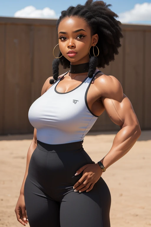 (Muscular young black girl Tinna Keys), huge strong biceps volume, (flat chest), strong tonned exposed abs, muscular strong legs, bodybuilder muscles bursting in strength, exposed abs skin, (curled haircut), tight yellow tshirt and shorts, grey blank background