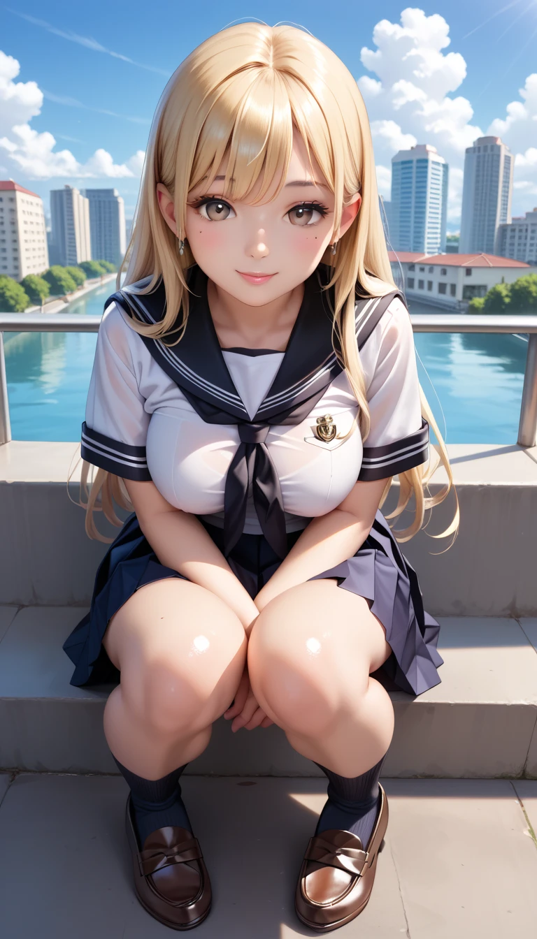 1 lady, HD quality, anime, solo full body shot, (sitting with hands back:1.3), (open legs to limit:1.5), (with one knee up:1.3), showing pubic area:, (under boob:1.6), Large breasts, (cleavage), shiny skin, smiling, (thin thighs:1.3), (Sailor uniform only for the upper body:1.5), (Crop Top sheer white shirt:1.5), (sleeveless:1.6), without brassiere, (sheer white tiny micro thong:1.5), poolside, (Green detailed eyes), blue sailor collar, red ribbon tie