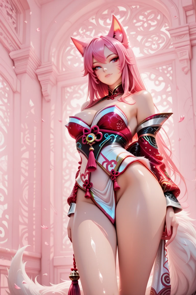 of the highest quality, Beauty and aesthetics, Very detailed, Detailed face and eyes,Anime, 1 girl, Fox ears, Big Breast,Fox Girl,Longhair,Hair color pink,Pink eyes,fluffy tail,walking in city,sexy dress