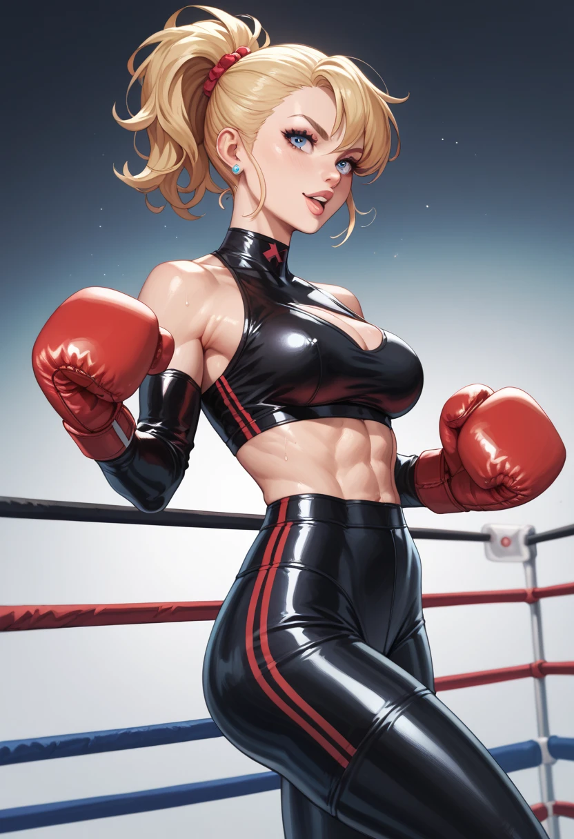 masterpiece, highest quality, (Highly detailed CG Unity 8k wallpaper), (highest quality), (Best illustrations), (Best Shadow), Confused, Realistic lighting, (abyss), Beautiful and delicate shine,victory,Random Pause,((Bare skin wet with sweat,Female professional wrestler)),Cute freckles on the cheeks,Mole under left eye,Cowboy Shot,Hair wet with sweat,A leotard-type wrestling costume with gorgeous decorations,pain,suffering,ring,Plump,Villain wrestler,Dyeing her hair blonde,