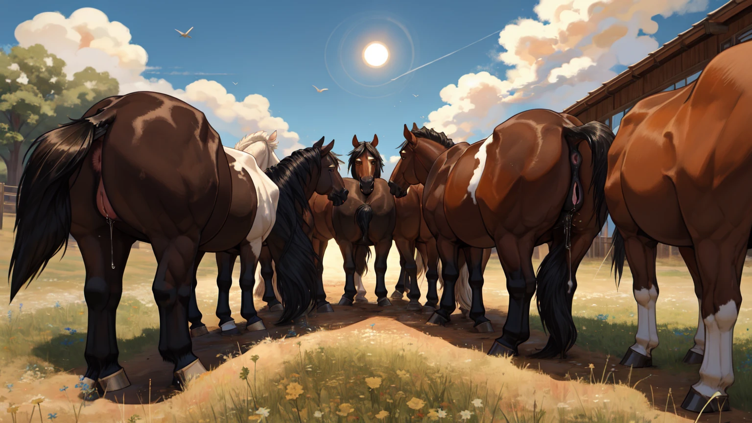 a very full figured very black skinned nude African woman riding a big  Belgian draft horse  mare (side view). big bum. very short tail. horse facing horizon .   flat grass meadow. steaming horse dung behind horse.   cloudless blue sky. 