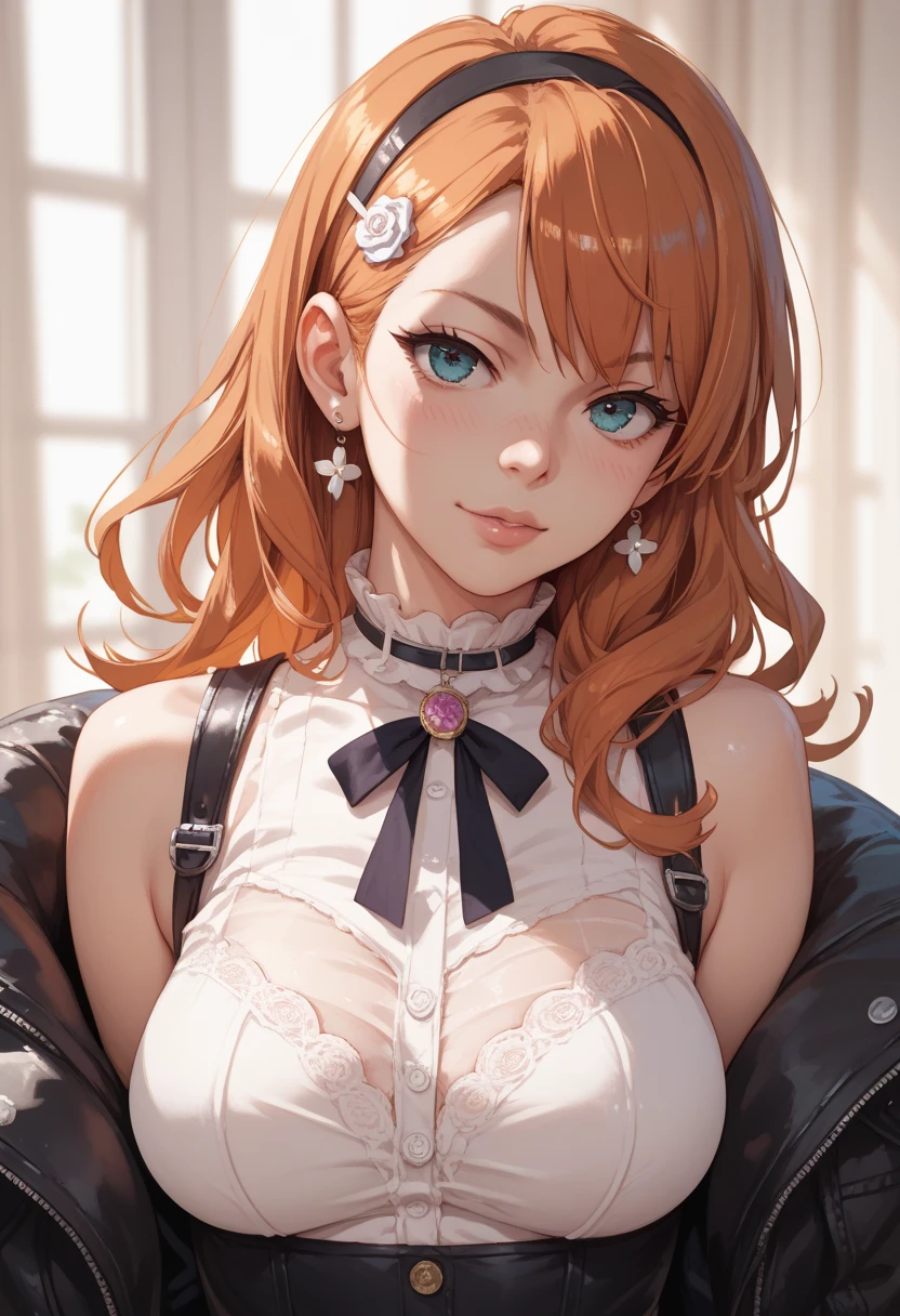 2d, Masterpiece, Best quality, Anime, high detail face, highly detail eyes, very detailed background, perfect lighting, 1fille, seulement, corps entier, debout, Legwear en latex, chemise blanche, cheveux roux, amulette