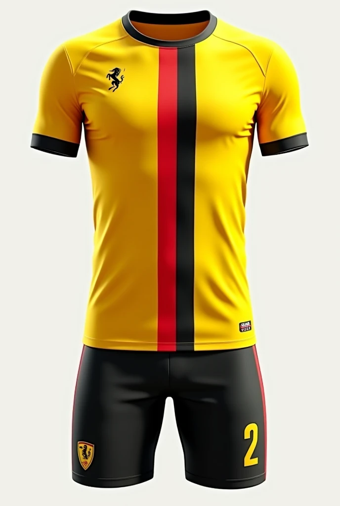 Custom soccer uniform in primary yellow with a red horizontal stripe with white and orange details and black shorts with a crest on the left side of the chest that says Bela Vista 
