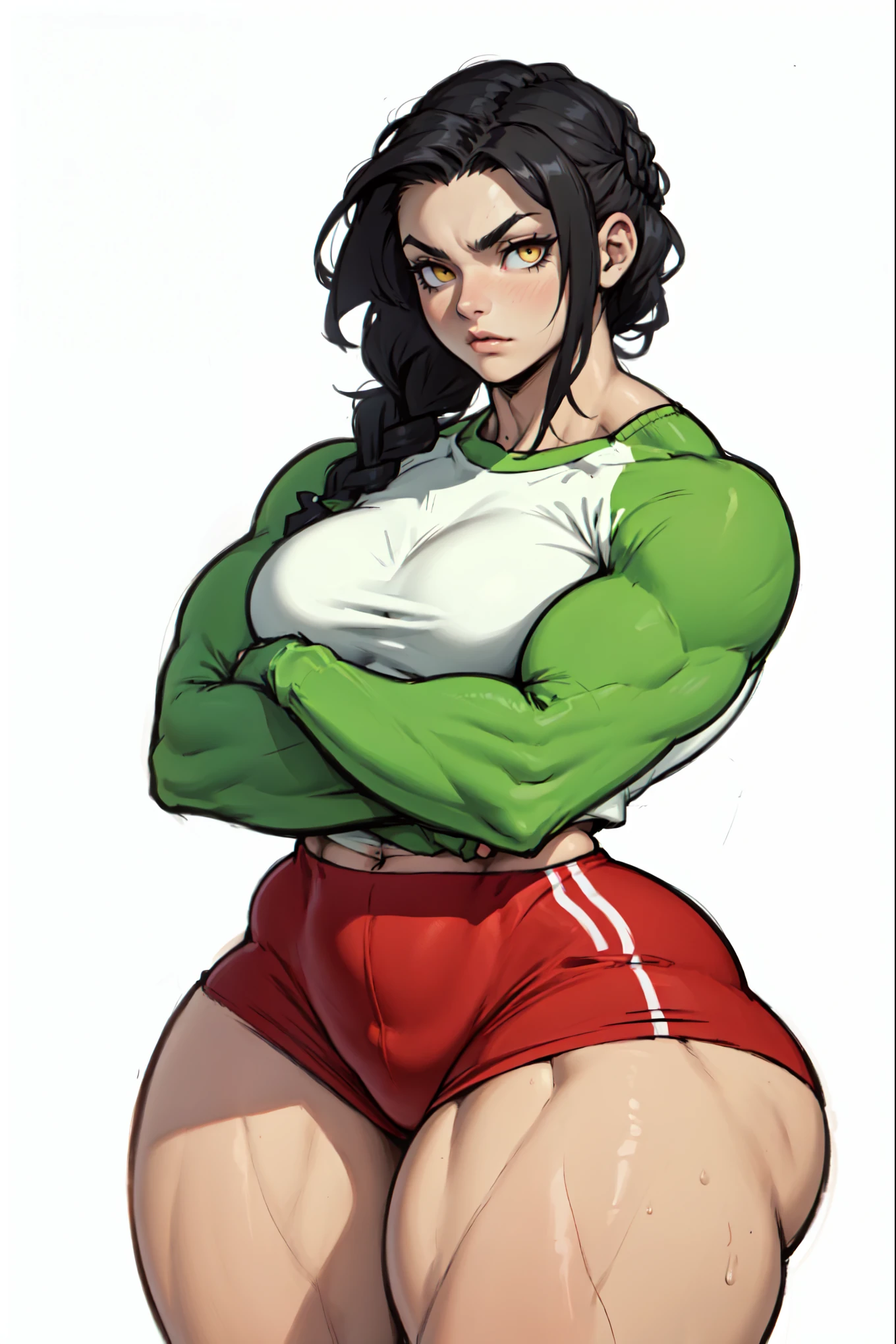 (8k, Best Quality, Masterpiece:1.2) (realist, photo-realist:1.37) (whole body) standing, legs apart (wide stance) standing contrapposto, ultra detailed, 1 girl,beautiful, Alone (female funger) (big breasts:1.5) (Beautiful detailed eyes) (SMILE:1.2) (Closed mouth), sharp focus, depth of field, Good composition, final fantasy vii, very long straight hair, hair explosion ((orange_eyes)) intricate, bokeh (Tetsuya Nomura style), perfect breasts, White tank top, black thong, suspenders, red gloves, socks, Toned body, athletic, wide hips, thin waist, toned arms, exposed abdomen, view from behind
