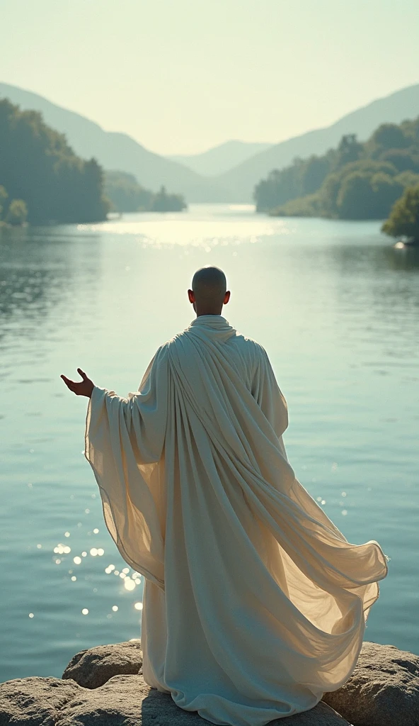 3D view, a huge blue lake surface, a white skinned man suspended in meditation on the water surface, with ripples under his feet. A perfect figure, handsome man, perfect abs, perfect muscle curves, a handsome man dressed in Hanfu Xianfeng Daogu ((Chinese style, Asian male))