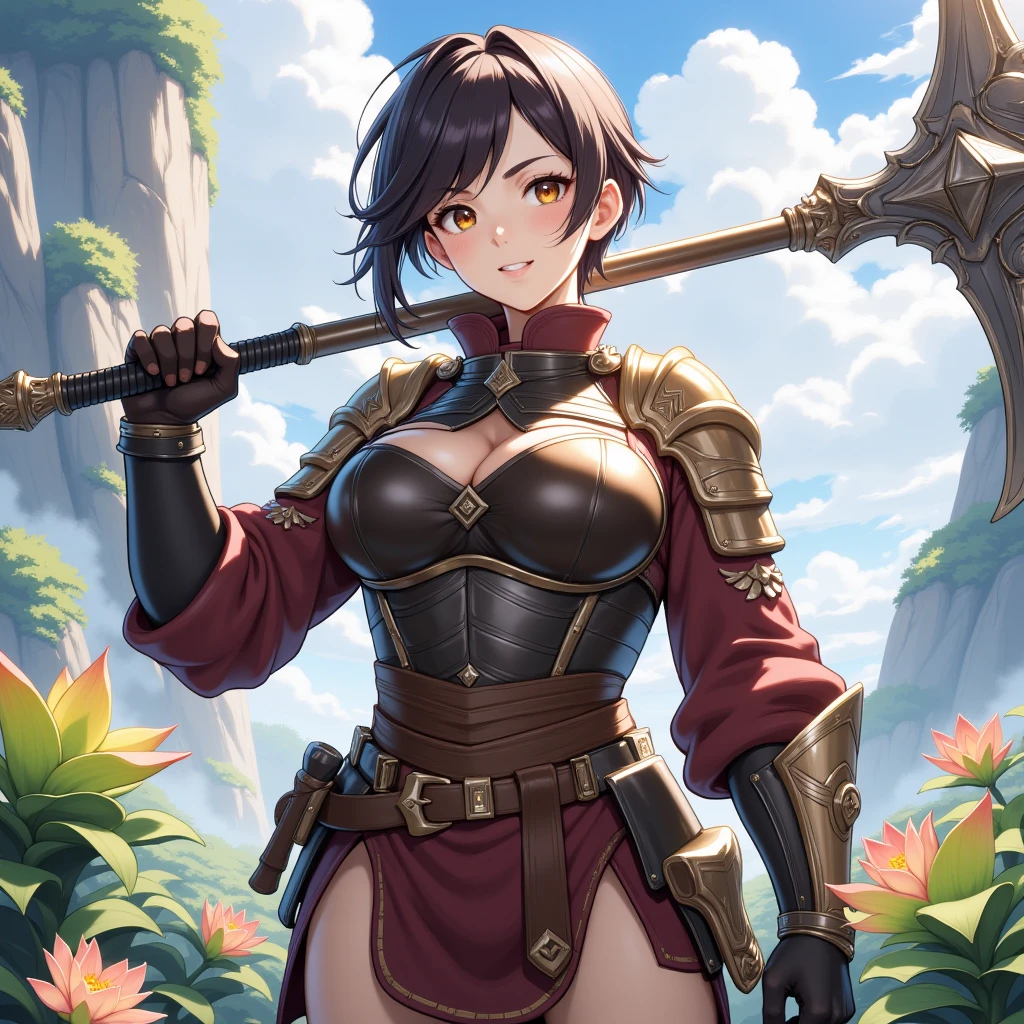 dark reddish-brown,Crimson Armor,1girl,solo,big axe in hand,Super huge breasts,looking at viewer,village back ground