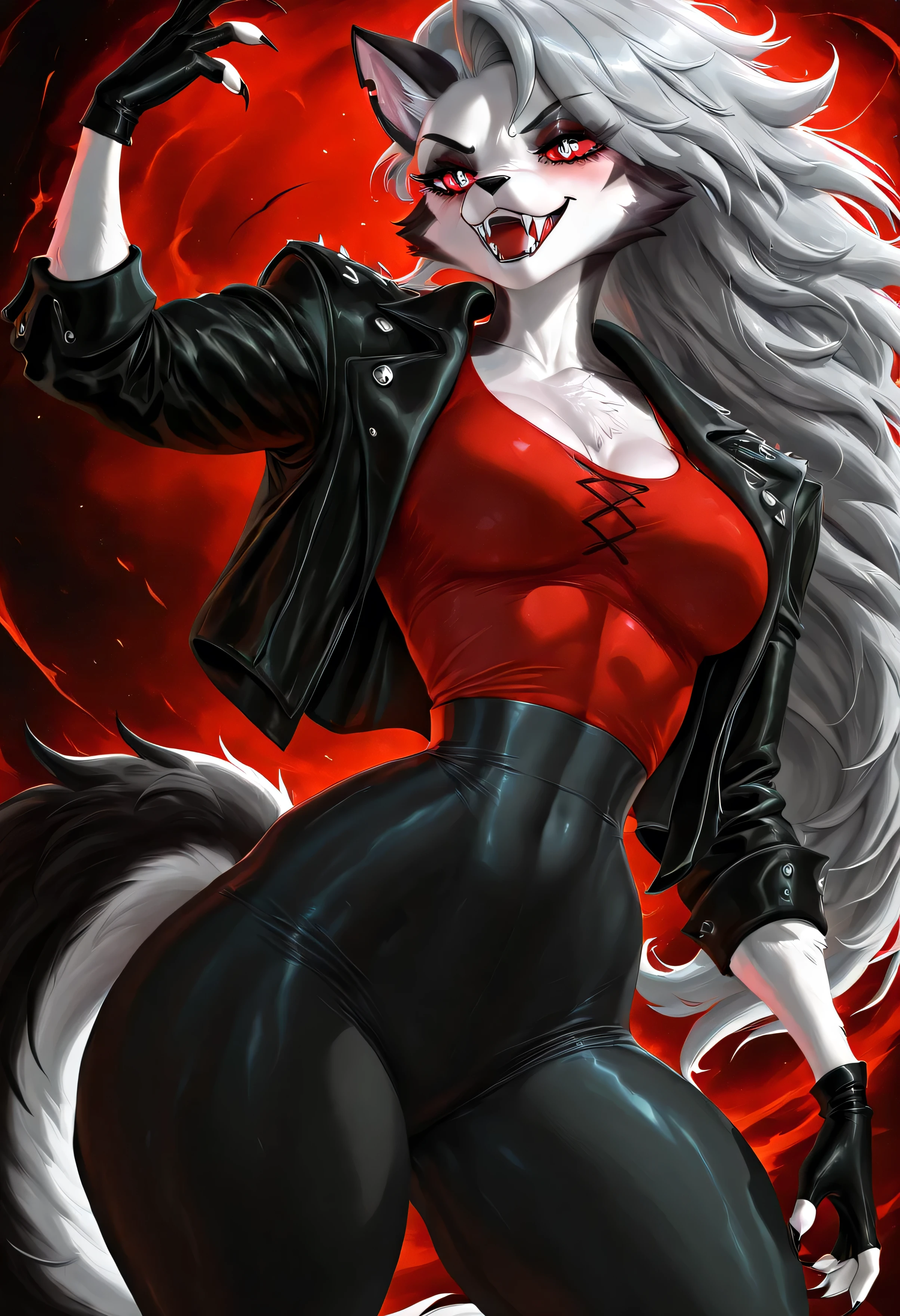 (sakimichan) , (score_9 , score_8_up , score_7_up) , 1dk , 8k , masterpiece , high quality , (Expressiveh:0 . 8)Loona helluva boss,furry,fur,two-tone fur,thin waist,black gloves,claws,fangs,black jacket,red top