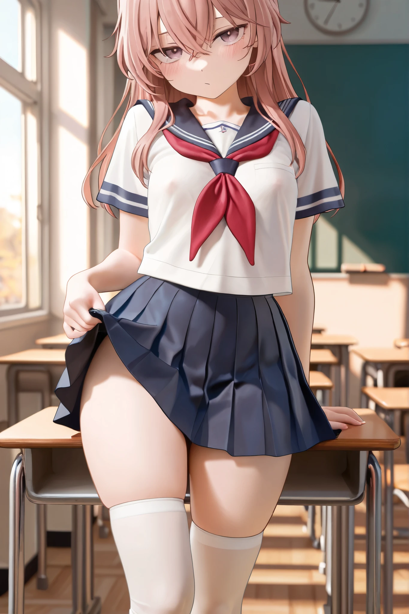masutepiece、Best Quality、hight resolution、tre anatomically correct、((JK school uniform))、a miniskirt、‎Classroom、(Vibrant colors：1.2)、(​masterpiece：2.0)、onepiece、Uta、blanche、left red hair、right gray hair、Not wearing pants、divine spirit、Flushed cheeks、Beautiful girl in every detail、Body shining with sweat、Wet、Seductive thighs、sexy  pose、Hair above one eye