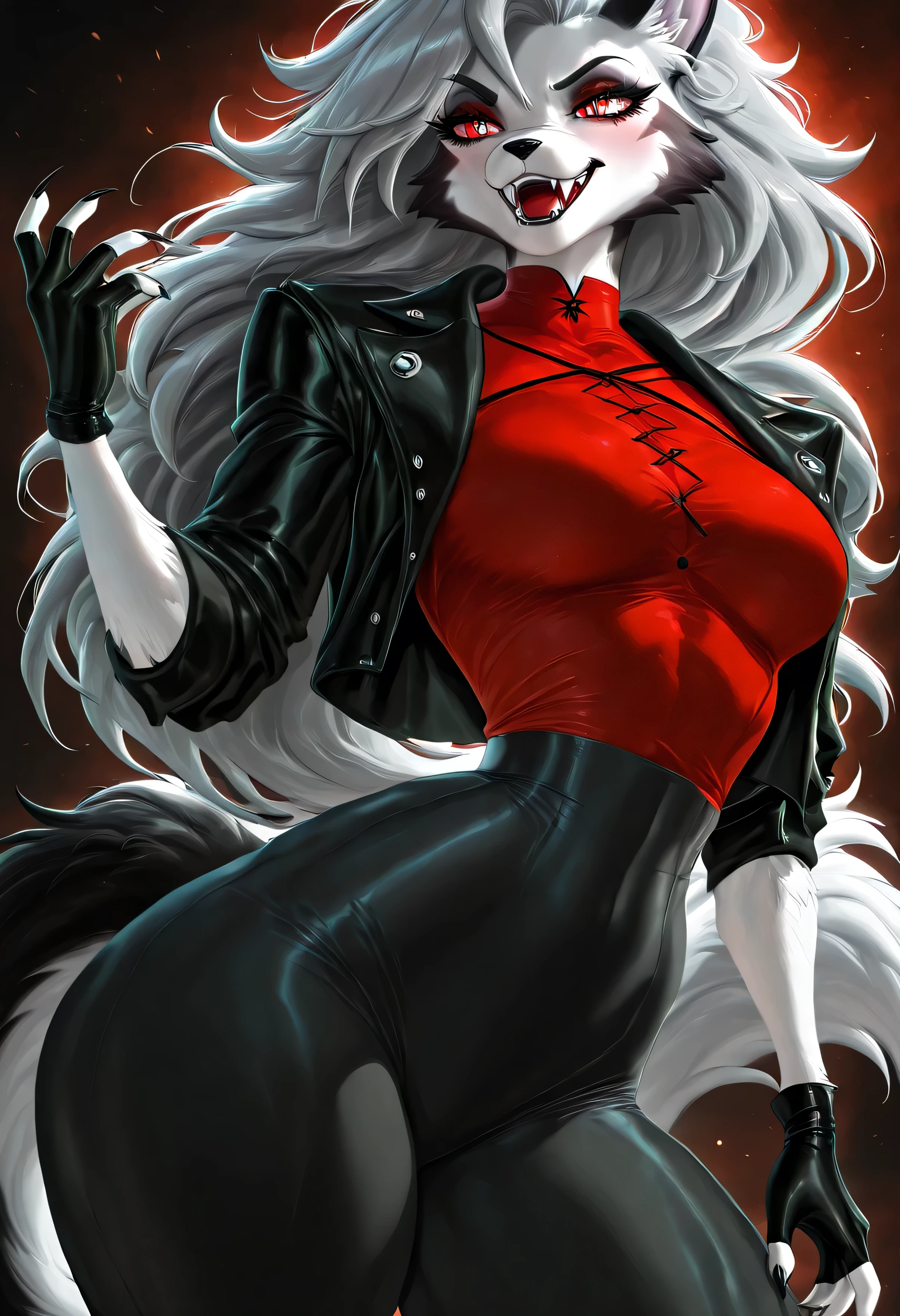 (sakimichan) , (score_9 , score_8_up , score_7_up) , 1dk , 8k , masterpiece , high quality , (Expressiveh:0 . 8)Loona helluva boss,furry,fur,two-tone fur,thin waist,black gloves,claws,fangs,black jacket,red top