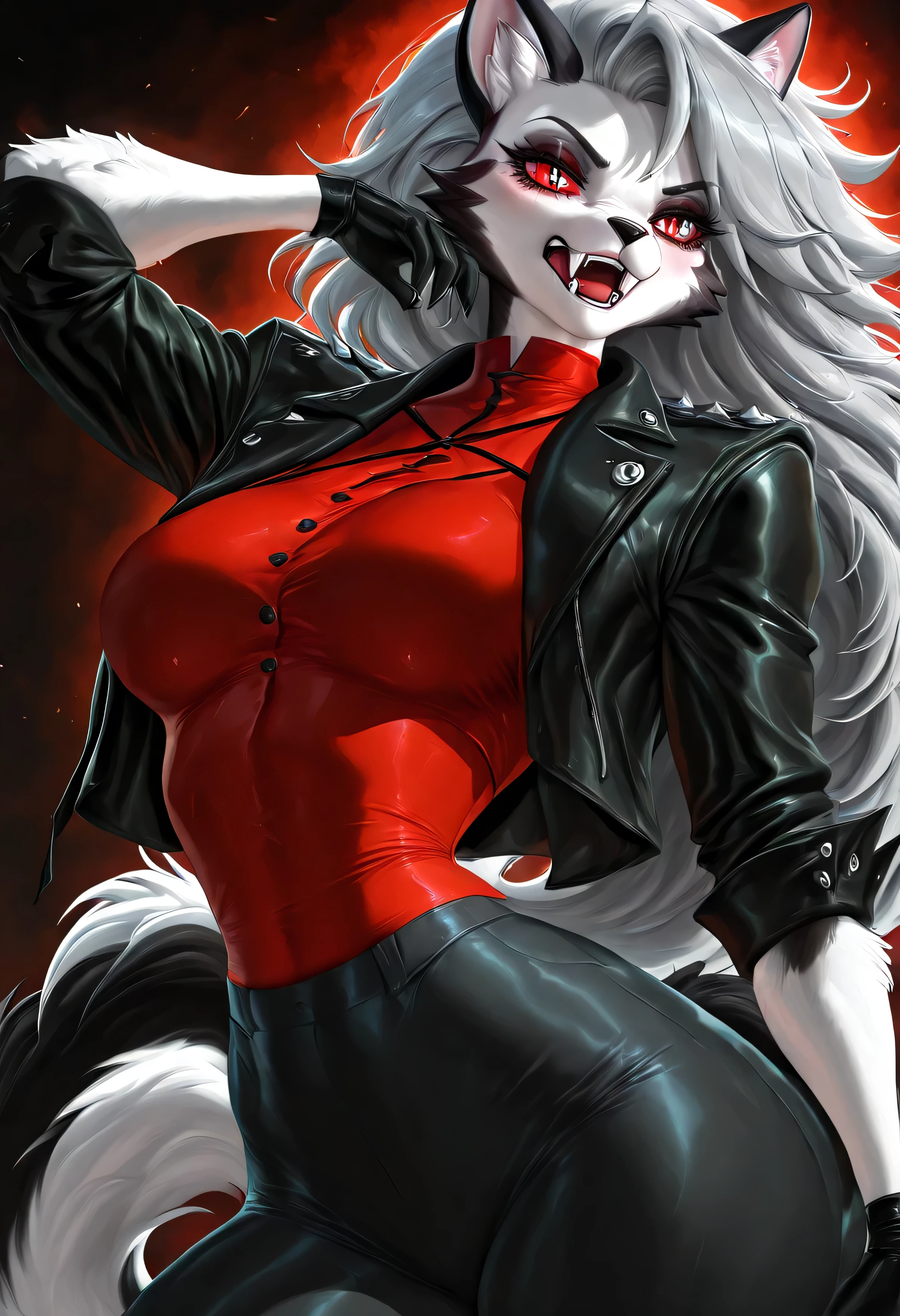 (sakimichan) , (score_9 , score_8_up , score_7_up) , 1dk , 8k , masterpiece , high quality , (Expressiveh:0 . 8)Loona helluva boss,furry,fur,two-tone fur,thin waist,black gloves,claws,fangs,black jacket,red top