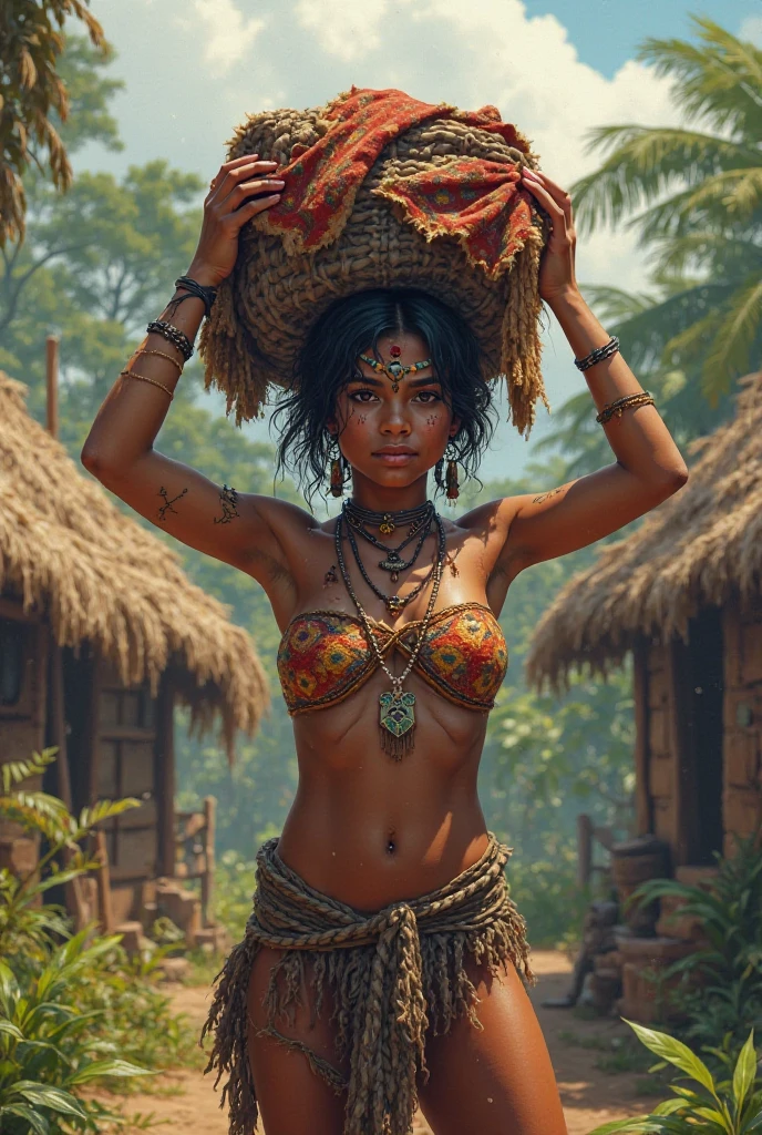 (((Zoe Saldana))), (the woman is standing at a waterfall in a lagoon with clear water), (small head), ((she is wearing brown jute fabric clothes)), ((jute fabric bandana tube top)), ((jute fabric skirt)), (photorealistic), (ray tracing), (cinema lighting), (sharp focus), natural and realistic skin textures, ((big round breasts)), (big eyes), ((tousled hair)), ((all the skin and clothes are very dirty))