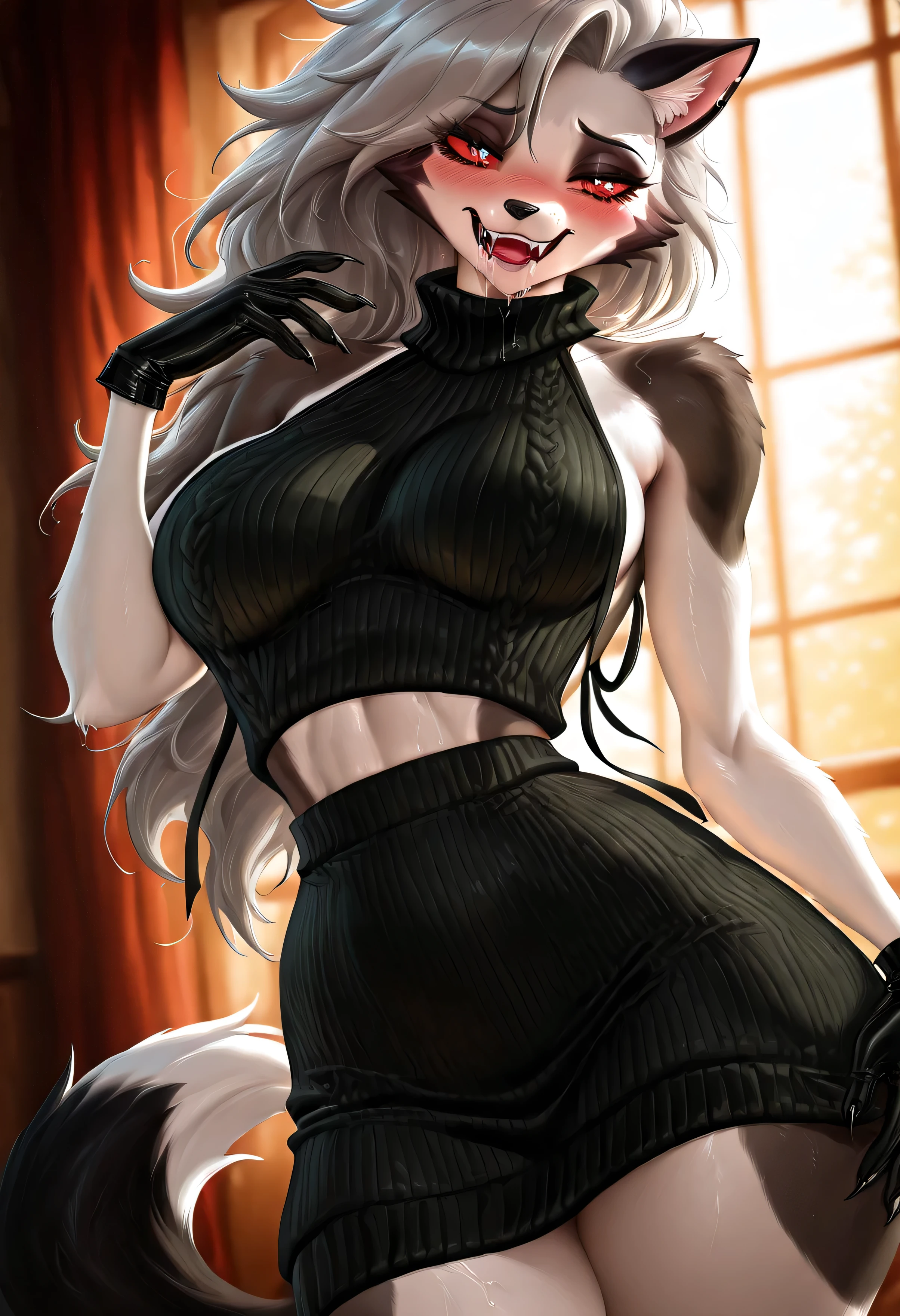 (sakimichan) , (score_9 , score_8_up , score_7_up) , 1dk , 8k , masterpiece , high quality , (Expressiveh:0 . 8) Loona helluva boss,furry,fur,two-tone fur,thin waist,black gloves,claws,fangs,drooling,saliva,black virgin killer sweater,shy