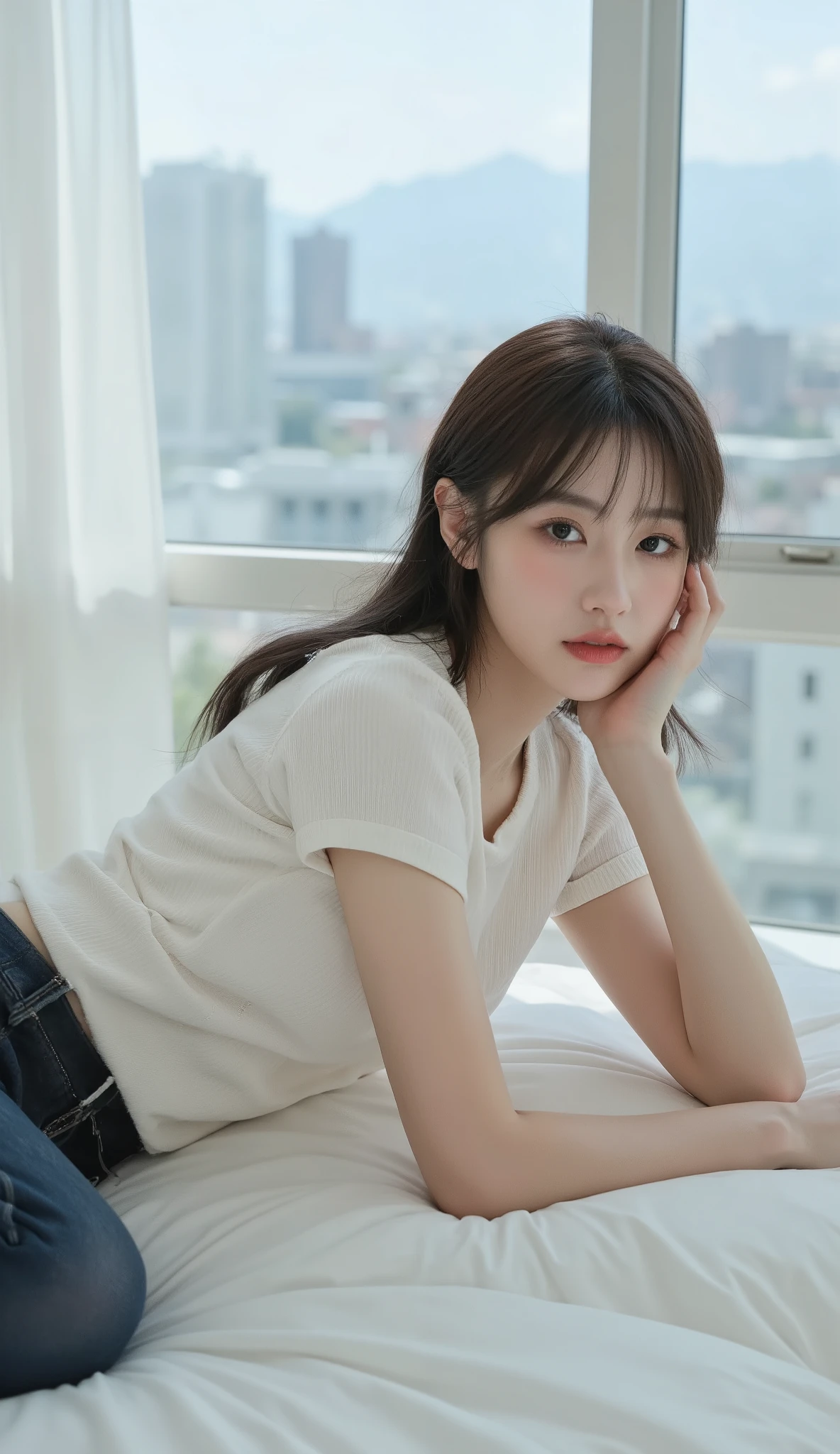 A young woman with delicate features and fair skin lies on a white bed in a relaxed pose, her head resting gently on one hand. She wears a fitted, short-sleeved white ribbed T-shirt that accentuates her slender figure, paired with classic dark blue jeans. Her dark hair is styled in a casual, slightly tousled manner with soft bangs framing her face. She gazes at the camera with a serene and thoughtful expression. The background features a large window with a panoramic cityscape of modern high-rise buildings and distant mountains, illuminated by natural daylight. The sheer curtains allow soft light to filter into the room, adding to the tranquil and cozy ambiance. The overall composition exudes a calm, intimate, and effortlessly stylish aesthetic.