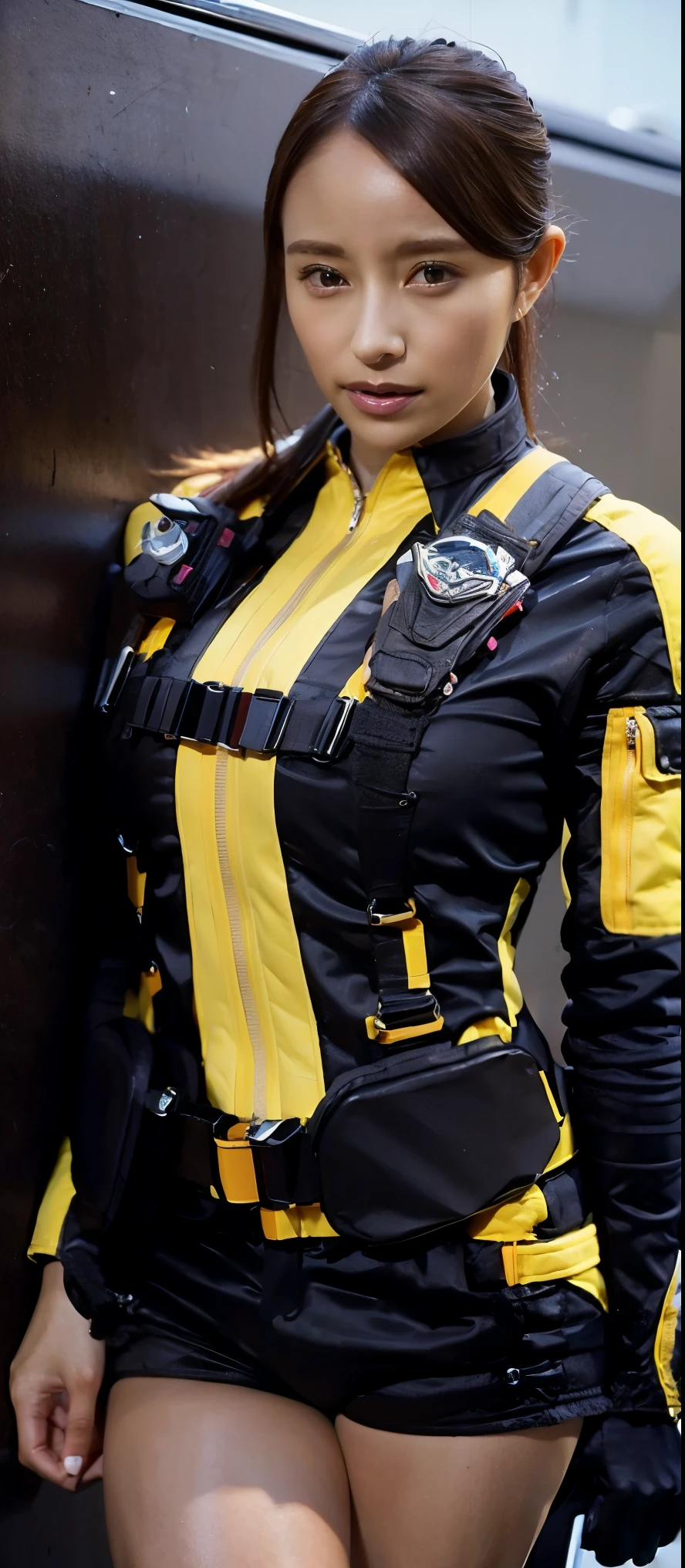(  is very realistic), ( top quality), ((round,   SMALL AND PRECISE FACE  )),black gloves,wristwatch,black eyes,short shorts,black shorts, boots, gloves,jacket,shorts, black hair ,Big Breasts,Big Breasts,adult female , Her breasts are so big and plump, Her breasts are so big and plump,  Clothes are perfect for your body ,beautiful skin ,The nose is small,Thin eyebrows