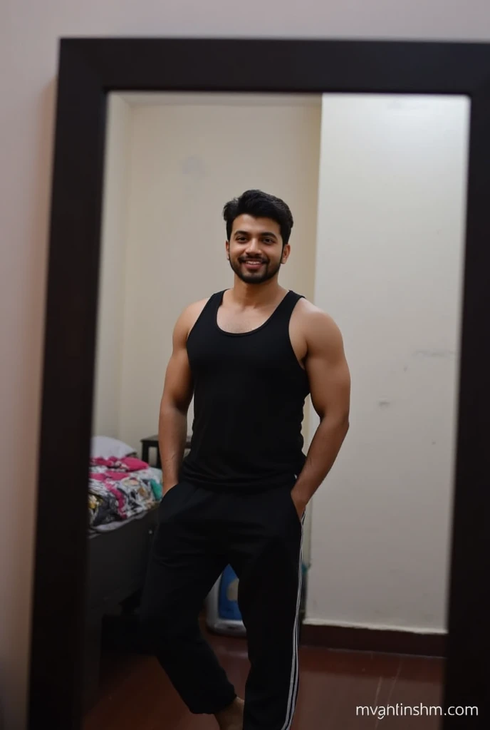 A handsome cute fare with killer smile wear a black dhoti indian tradition short hair tall and fit guy