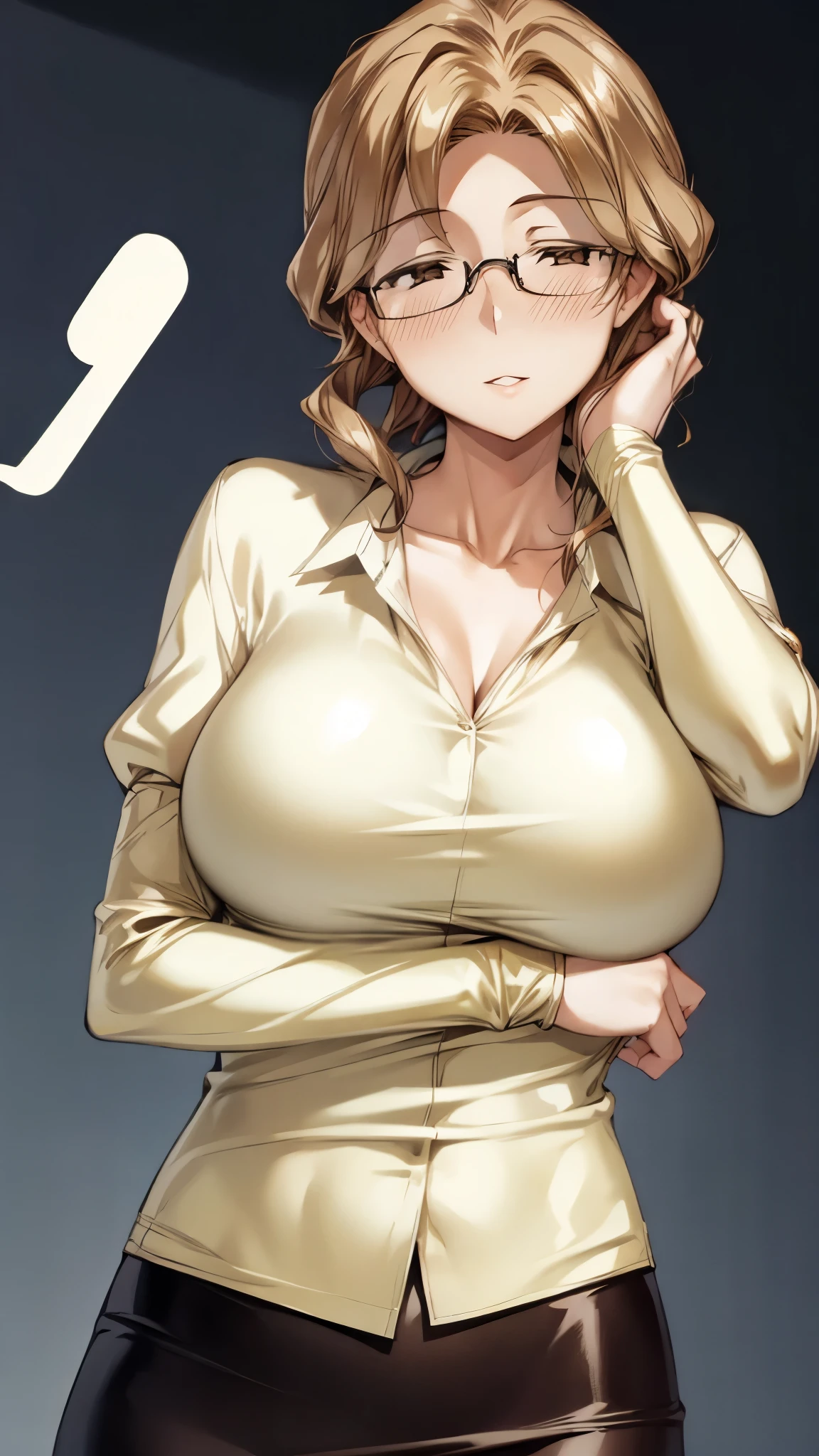 (super quality,ultra high resolution,16k,Super Masterpiece,Ultra HD ,detailed shading and background,)Upper body shot,sexy mature woman, Gold,glasses,white shirt with cuffed sleeves for men,tight tight skirt,cleavage,necklace,Big Breasts,cover,Open your lips a little,place one hand on the side of your head,living room,