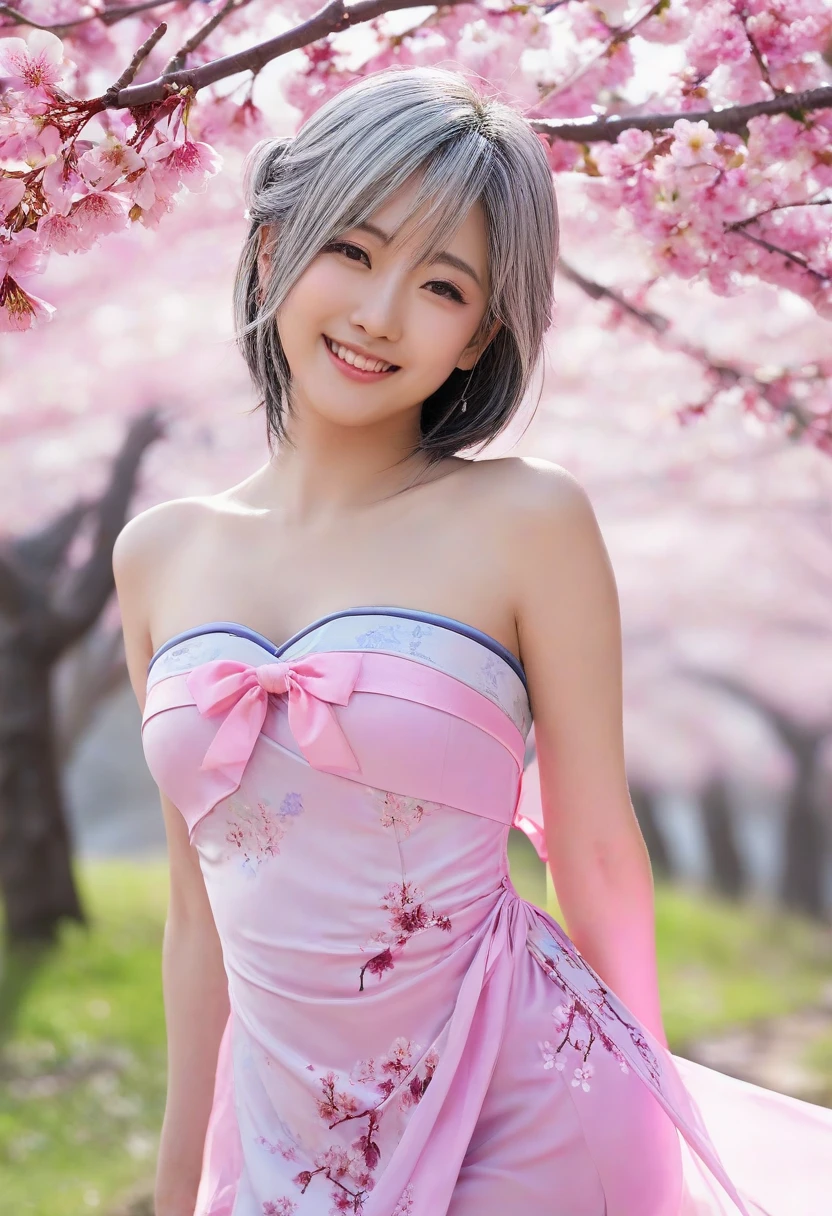 1girl, realistic, (looking at viewer:1), (ulzzang-6500:0.66), thighs, bare legs, dappled sunlight, best quality, ultra high res, (photorealistic:1.4), YaeMiko, fox ears, short hair, pink hair, yae_sakura, jewelry, cherry blossoms, (smile:1), bare_shoulders, hair_ornament, purple_eyes, , detached_sleeves, , detailed eyes,, (light smile:1), , (small breasts:1.4), , (bare upper body:1.4), , (puffy nipples:1),, arms behind back,