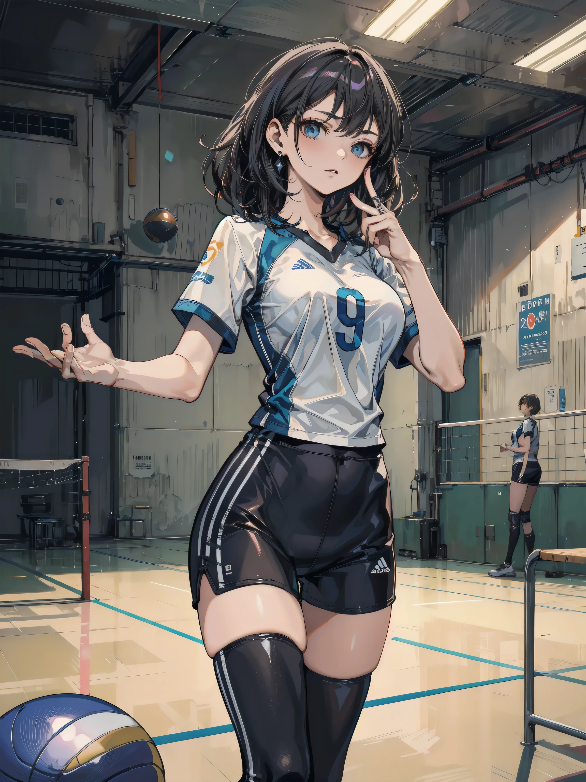 table top、highest quality、figure、 super detailed、High resolution、8k wallpaper、完璧なダイナミックな構figure,、detailed and beautiful eyes、(black volleyball uniform:1.3)、black bloomers、brown hair、medium hair、(beautiful big breasts:1.3)、natural color lip、bold sexy pose、smile、20 year old girl、cute、sexy shot looking at camera、Gym、volleyball court
