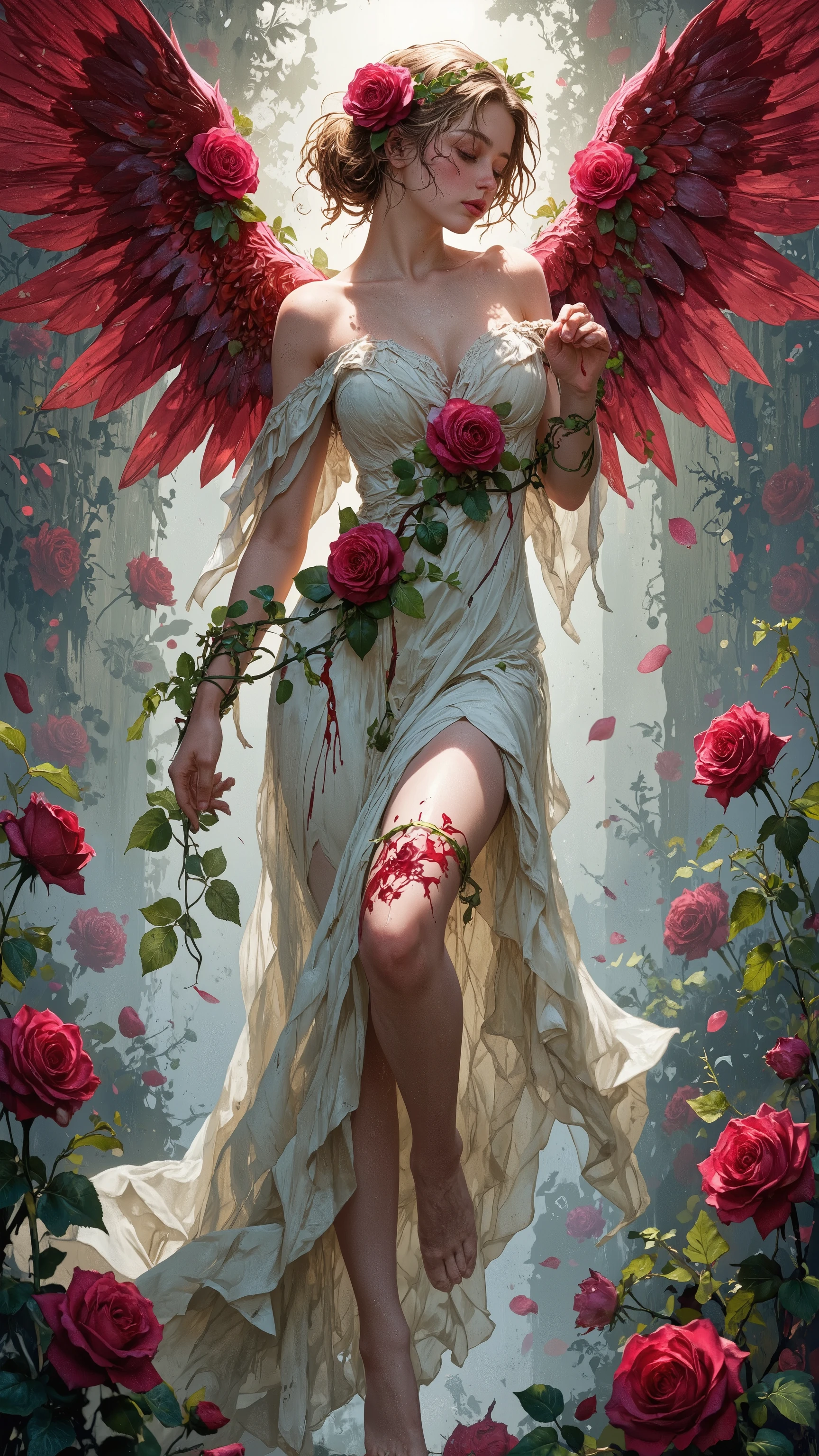 Rose flower angel、Altar Painting、
((NSFW)),
soft focus、motion blur、
(High Key)、Backlit 、See-through wings、see-through dress、
rose petals are blooming in the foreground、
1girl, hood and Godliness々Fusion of shrewdness、
An angel with big crimson wings descended to earth wrapped in white light、
rose ivy wrapped around an angel's leg、
ivy spines damage the angel's skin and crimson blood flows down all over、
what angels wear is a deep slit drape dress、