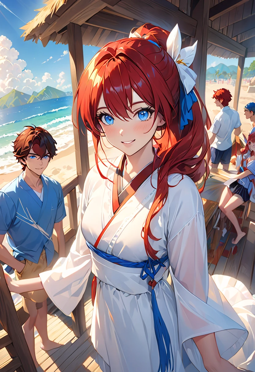 anime couple with food on a tray on the beach, rob rey and kentarõ miura, ben maier and sakimichan, 由杨J, nixeu e sakimichan, summer scenery, loose hair and long clothes, [ digital art 4k ]!!, trends on cgstation, sakimichan and frank franzzeta, , summer morning, colocar a garota usando black bikini, beatiful boobs, black leagwear, sexy clothes, sexy girl, black bikini, black swimwear, Flying hair, sensual smile, charming smile, big boobies, sensual cleavage, sultry eyes, 8k, black leagwear