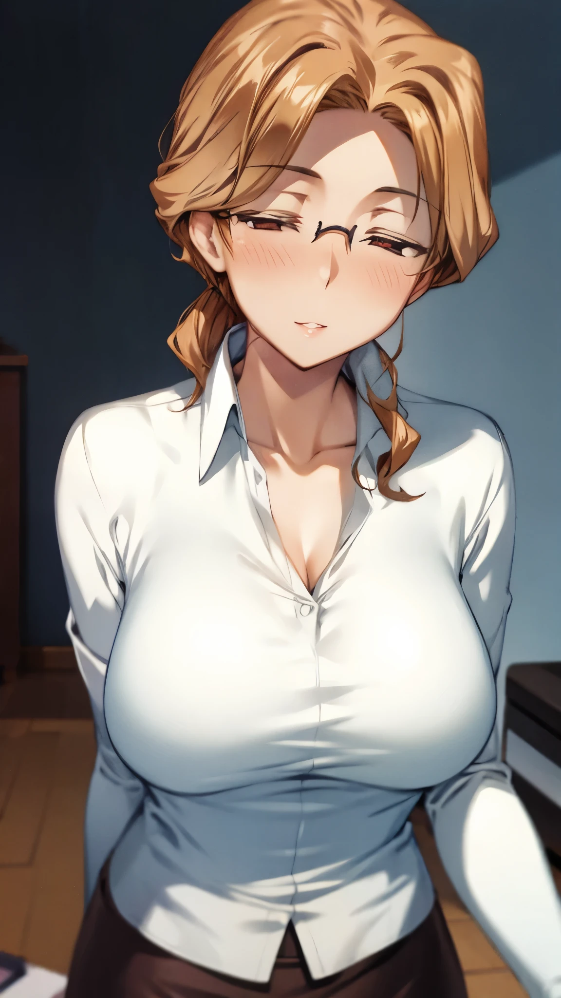 (super quality,ultra high resolution,16k,Super Masterpiece,Ultra HD ,detailed shading and background,)Upper body shot,sexy mature woman, Gold,glasses,white shirt with cuffed sleeves for men,tight tight skirt,cleavage,necklace,Big Breasts,cover,Open your lips a little,Lift your chest with one arm,living room,