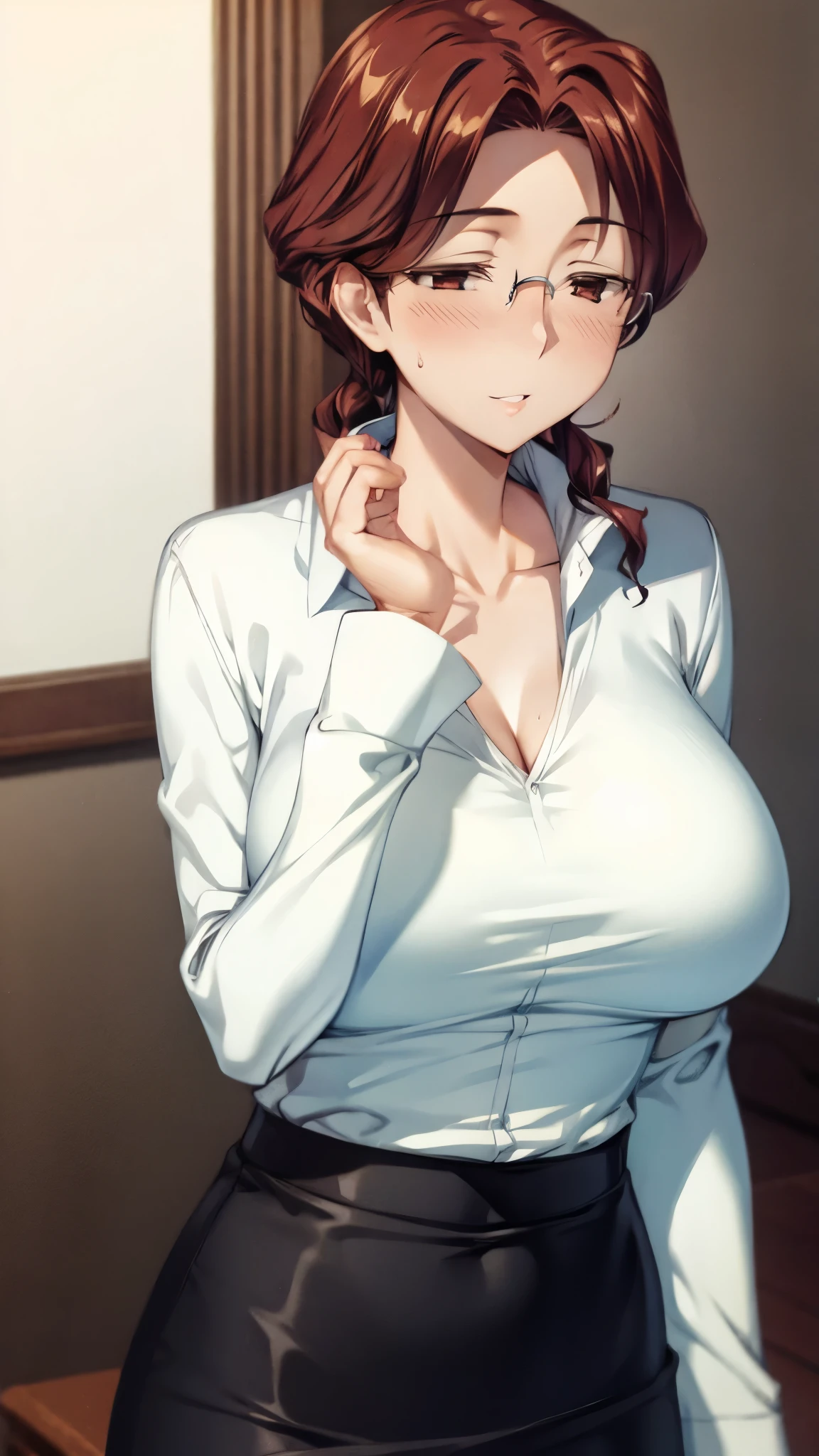 (super quality,ultra high resolution,16k,Super Masterpiece,Ultra HD ,detailed shading and background,)Upper body shot,sexy mature woman, Gold,glasses,white shirt with cuffed sleeves for men,tight tight skirt,cleavage,necklace,Big Breasts,cover,Open your lips a little,Lift your chest with one arm,living room,
