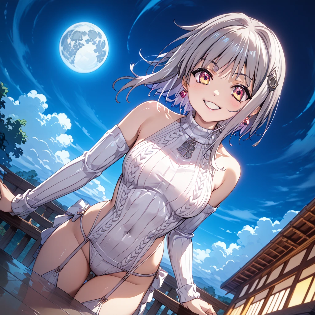 masterpiece,best quality,ultra-detailed,illustration,((picture perfect)),(1girl),solo,beautiful detailed eyes,cowboy shot,sharp focus,glowing eyes,detailed 4k eyes,reflection in eyes,zarapool,smile,ahoge,side ponytail,goggles on head,venus bikini,serene beach,gentle glow of a bright full moon,silver moonlight,shimmering trail on the water,waves,shore,seashells glistening in the moonlight (confused:0.9),back_view,photo from behind,looking_at_viewer candid modelshoot style,(fcDetailPortrait:0.8),[simple background:beautiful scenery:0.5],sitting,feet <lora:more_details:0.3>,<lora:kcccc-v1-lora-32dim-10ep-novae-newcraft:0.75>