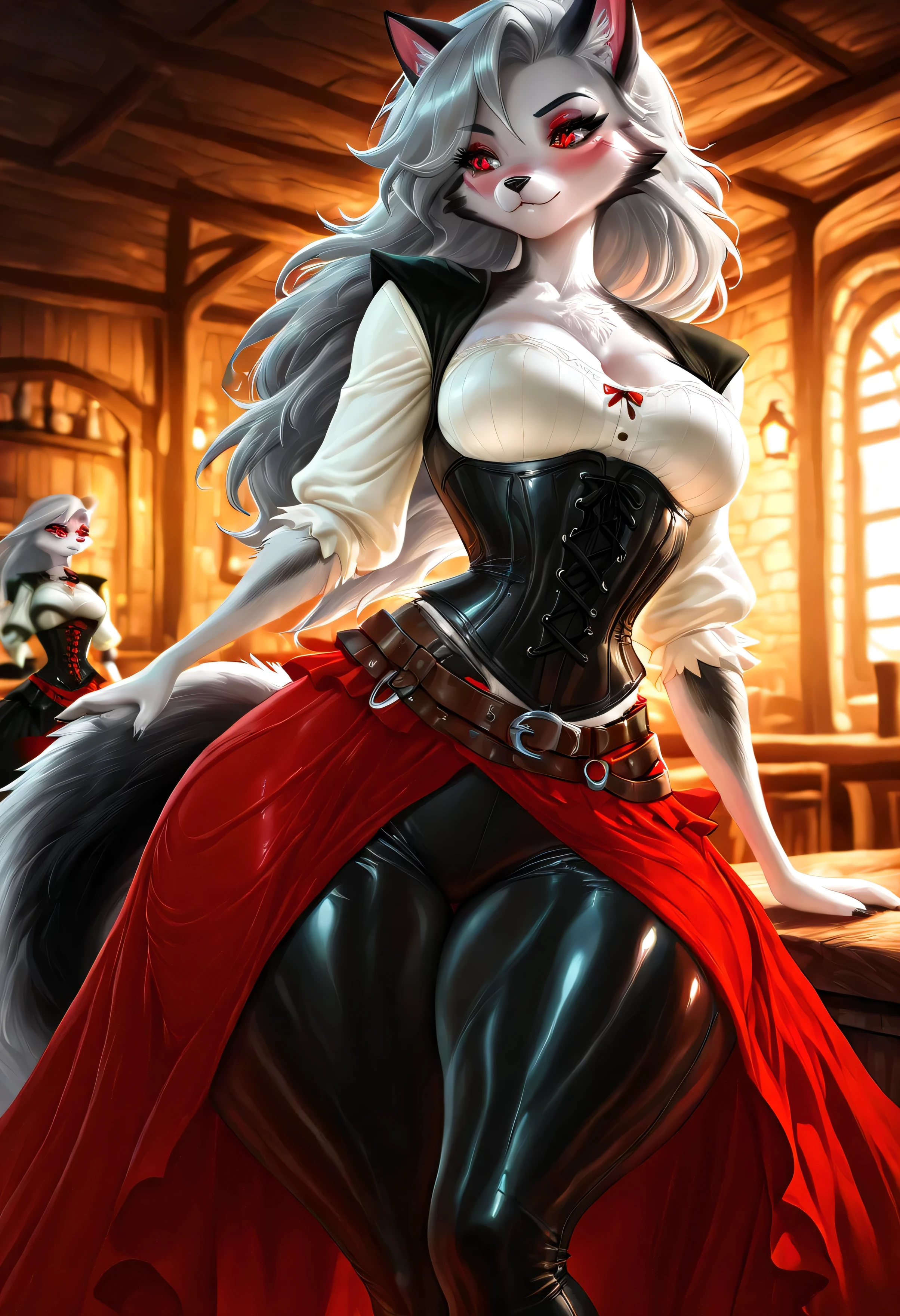 (sakimichan) , (score_9 , score_8_up , score_7_up) , 1dk , 8k , masterpiece , high quality , (Expressiveh:0 . 8) (loona \(helluva boss\):0.9), cute, long silver hair, red eyes, wide hips, thick thighs, anthro, barmaid corset, flowing skirt, leather hotpants, belts, indoors tavern, best quality, intricate detail, highly detailed fur, absurd res, soft lighting