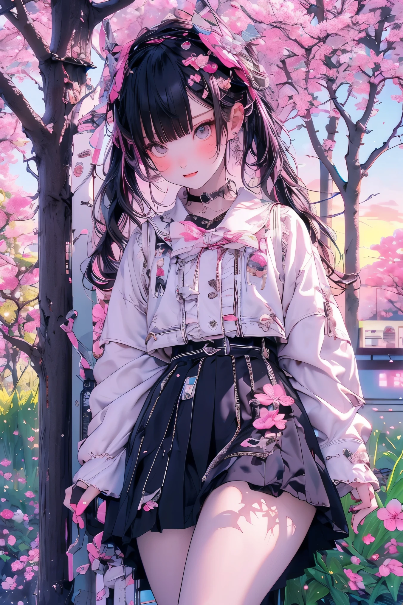 masterpiece, 最high quality, super detailed,A girl with an embarrassed expression, jirai fashion, flip flops, Skirt upskirt, The skirt flutters,cherry tree,sandy beach background with cherry blossom space, Sunset, high quality, Photographer Artwork, 4K, HDR、leaping figure composition, ground-level shot, dutch angle shot,
