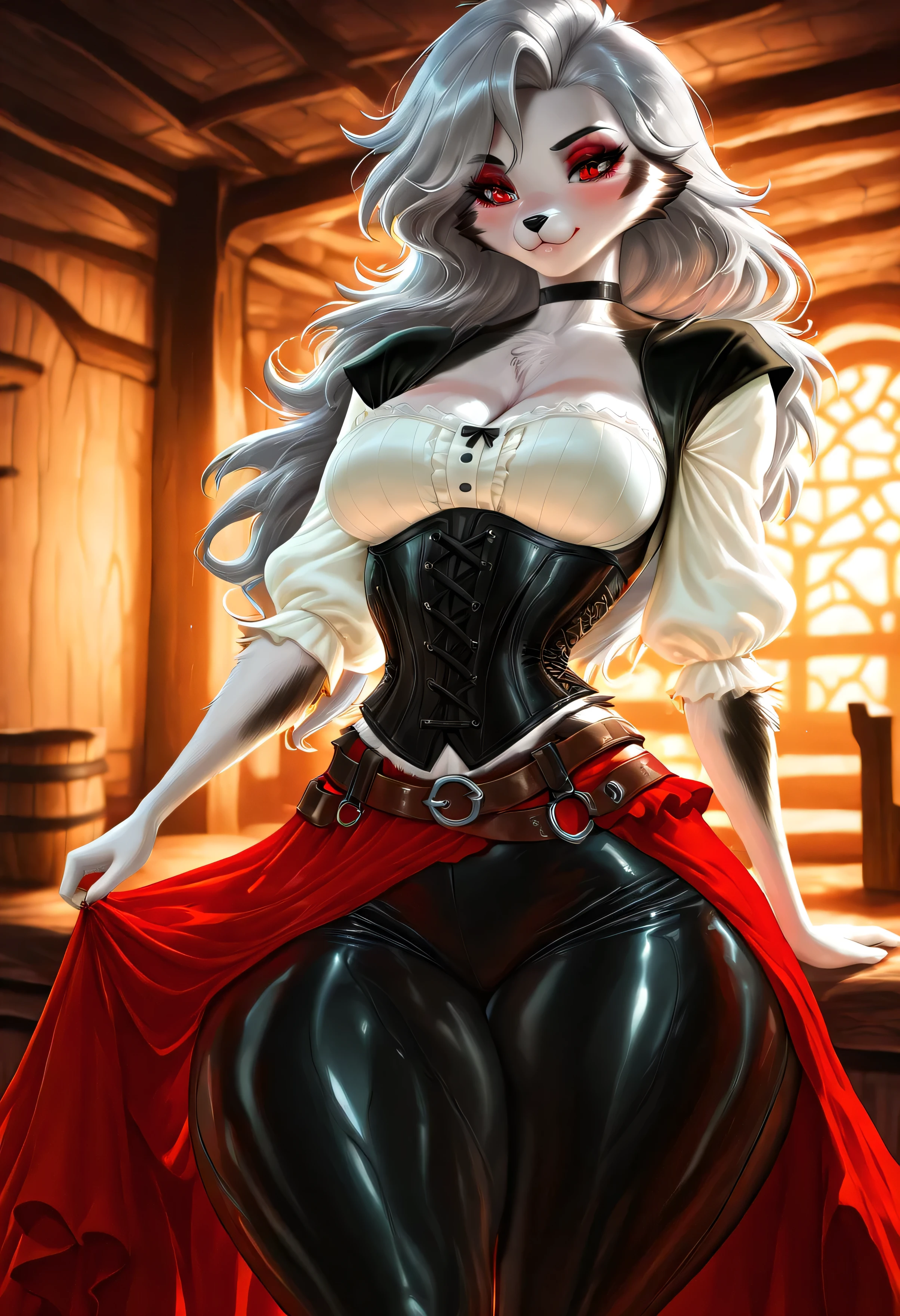 (sakimichan) , (score_9 , score_8_up , score_7_up) , 1dk , 8k , masterpiece , high quality , (Expressiveh:0 . 8) (loona \(helluva boss\):0.9), cute, long silver hair, red eyes, wide hips, thick thighs, anthro, barmaid corset, flowing skirt, leather hotpants, belts, indoors tavern, best quality, intricate detail, highly detailed fur, absurd res, soft lighting