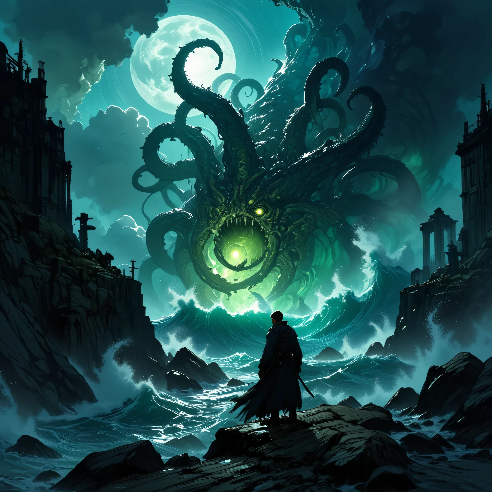 A vast and mysterious ocean under a stormy night sky, illuminated by glowing bioluminescent waves. A lone warrior stands at the edge of a rocky cliff, his long coat billowing in the sea breeze, eyes glowing with determination. Massive tentacles of a leviathan rise from the depths, their eerie glow casting light on the swirling mist. The moonlight reflects off the water, revealing ancient sunken ruins beneath the waves. Dark, moody, high-contrast lighting, hyper-detailed textures, and a blend of realism with fantasy. Inspired by cinematic concept art and high-quality digital illustration.