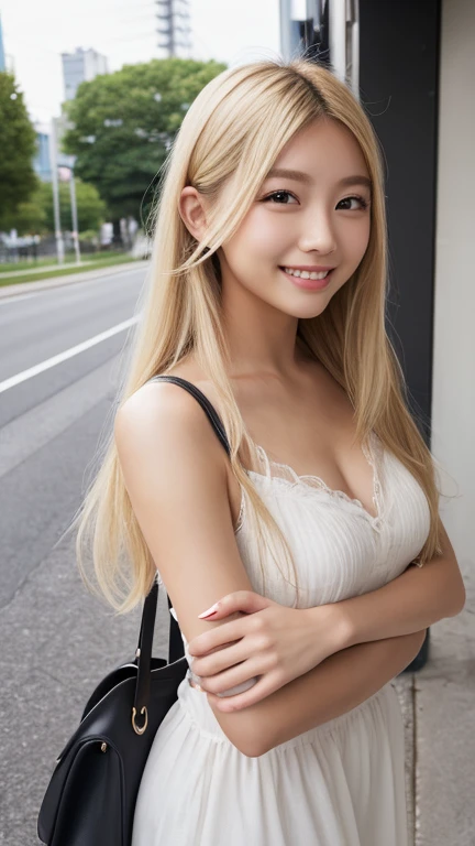 Thai girl 18 year old , Nisit outfit , Slim fit white shirt short sleeve , ฺฺBlack Stretch Spandex Bodycon Mini Pencil Skirt Slim Tube Tight Hip Mini Skirt , hyper realistic , Long blonde hair , focus on face , medium shot.
