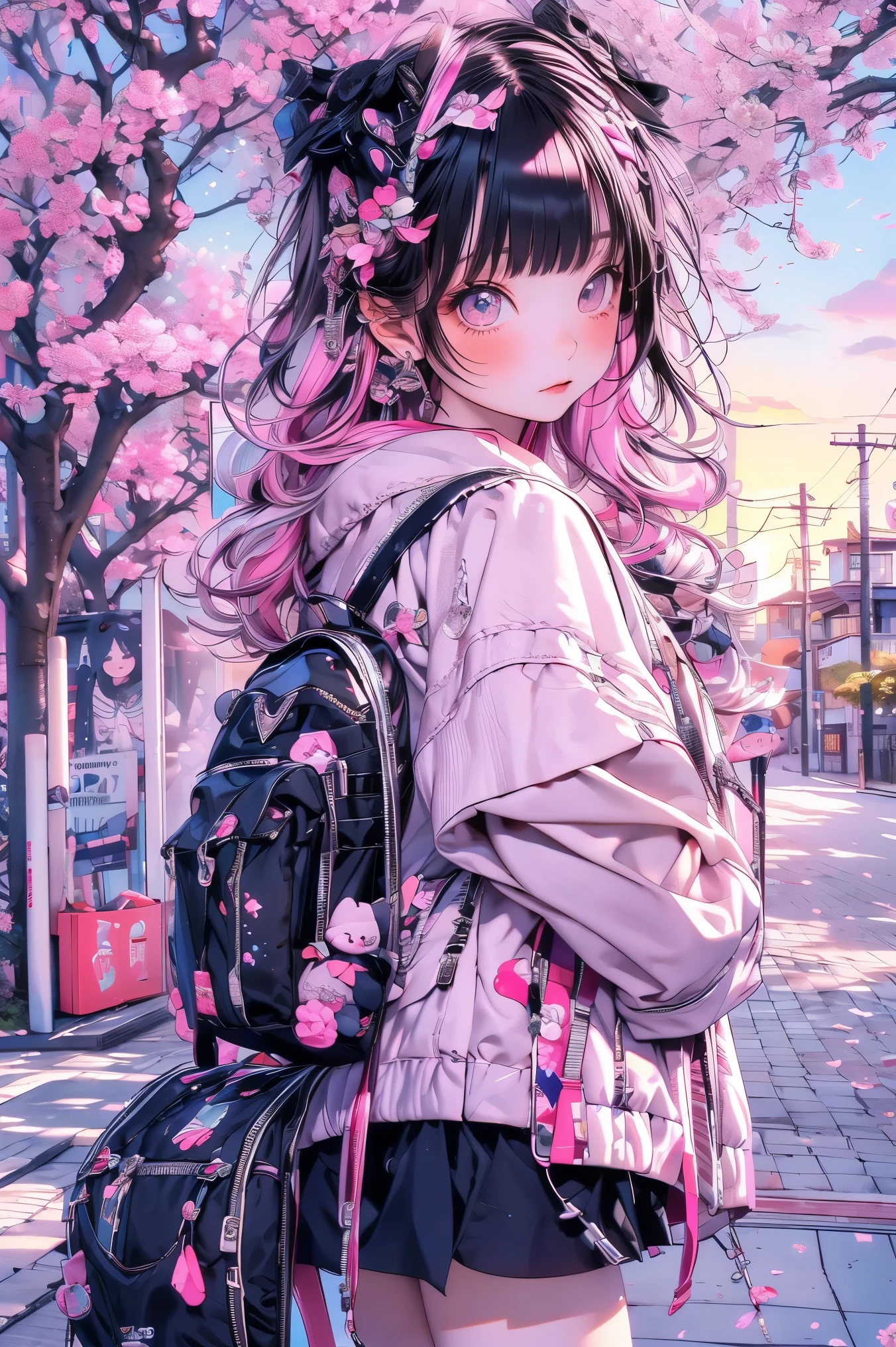 masterpiece, 最high quality, super detailed,A girl with an embarrassed expression, jirai fashion, flip flops, Skirt upskirt, cherry tree,sandy beach background with cherry blossom space, Sunset, high quality, Photographer Artwork, 4K, HDR、