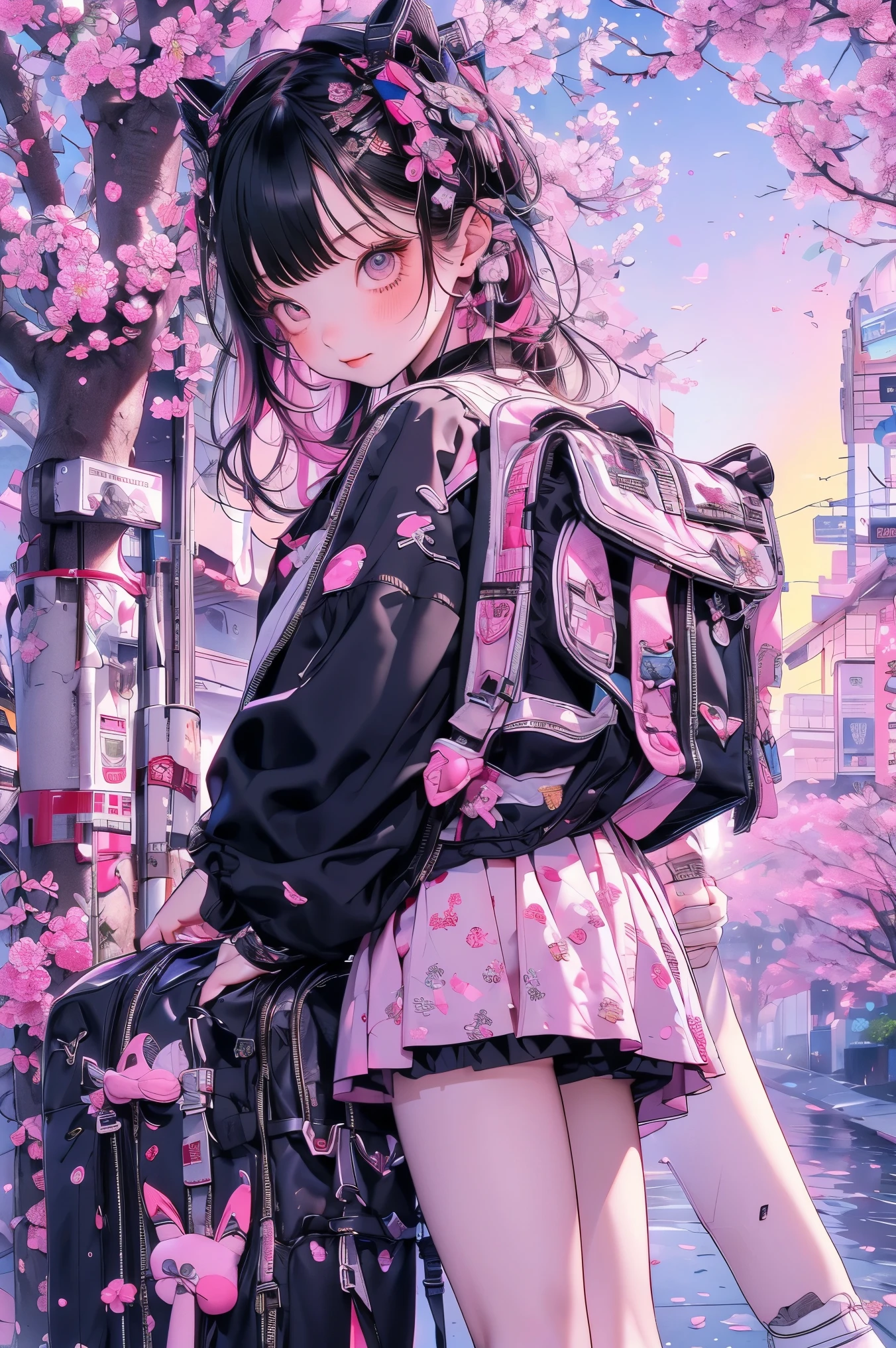masterpiece, 最high quality, super detailed,A girl with an embarrassed expression, jirai fashion, flip flops, Skirt upskirt, cherry tree,sandy beach background with cherry blossom space, Sunset, high quality, Photographer Artwork, 4K, HDR、