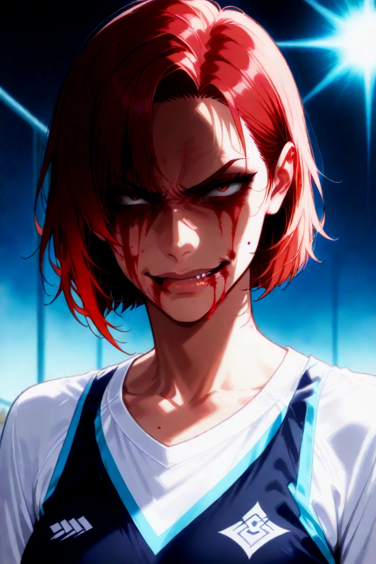 <lora:yllicft:0.85>, yllicft, solo, rain, injury, blood on face, bandaid on face, bandaid on nose, looking up, 1girl, masterpiece, best quality, kobayashi_san, red hair, short hair, glasses, red eyes, <lora:Kobayashi San V1:0.72>