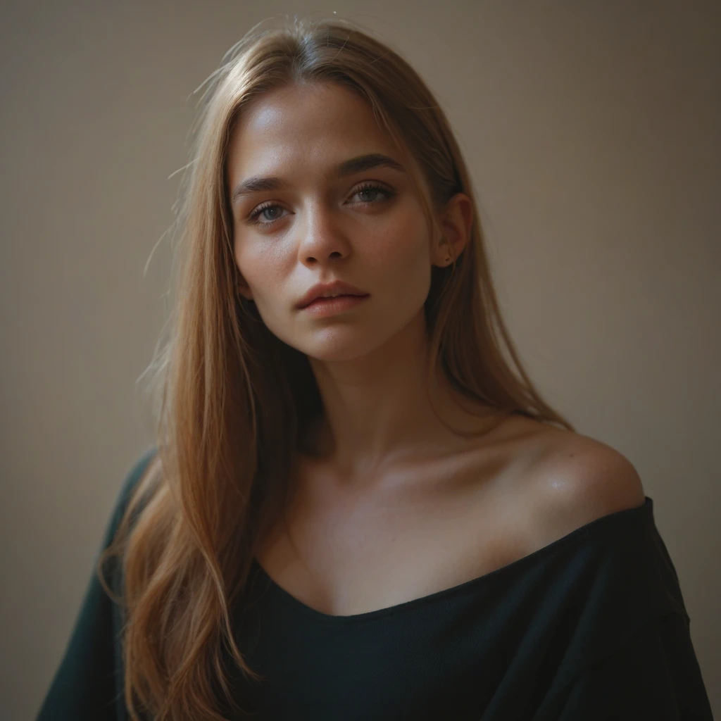 A full color portrait of a beautiful woman, wearing green sweater, in a faintly illuminated hall, full body, epic character composition,by ilya kuvshinov, alessio albi, nina masic,sharp focus, subsurface scattering, f2, 35mm, film grain <lora:BunnyCo:1>