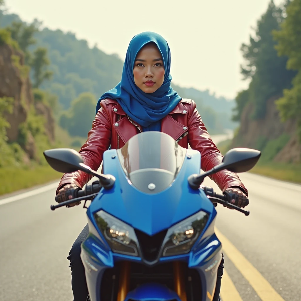 A beautiful Indonesian girl, clean white skin, well-groomed face,wearing a black jeans jacket,cream colored t-shirt , black cargo pants,cream hijab style kekinin,black watch, backpack, snow boots, currently riding a red Kawasaki Ninja ZX-25R motorbike, on the country road,very beautiful amazing ..The left and right sides of the road are lined with tulips in bloom in beautiful colors.. Under the clear blue sky, there are children,the farmer is walking, mountain and waterfall background, original photo .realistic 