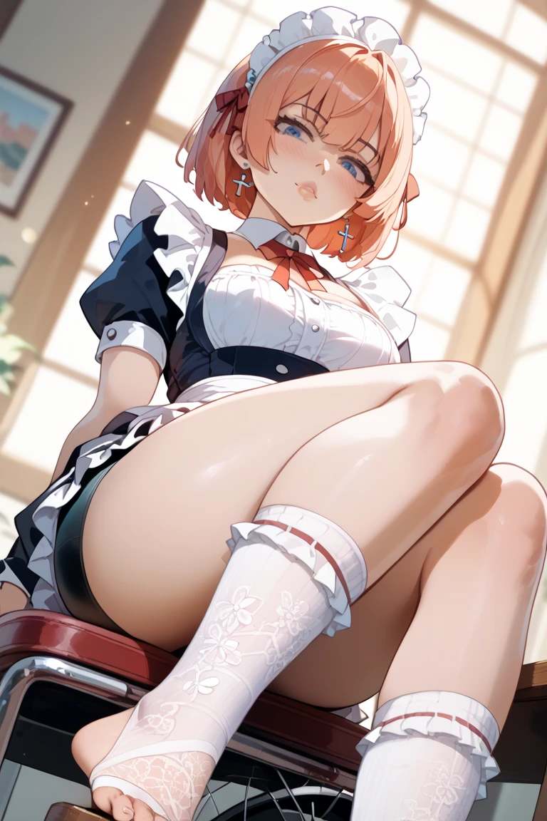 girl and bottles of cola, black liquid, full body, beautiful face, freckles, pee, peeing, pussy, mismatched legwear, white thigh highs, black tie, short blonde curly hair, green eyes, red skirt, skirt lift, no panties, puffy sleeves, short sleeves, white shirt, looking at viewer, smiling, pussy juice trail, pussy juice puddle, coca-cola, white background, spread legs