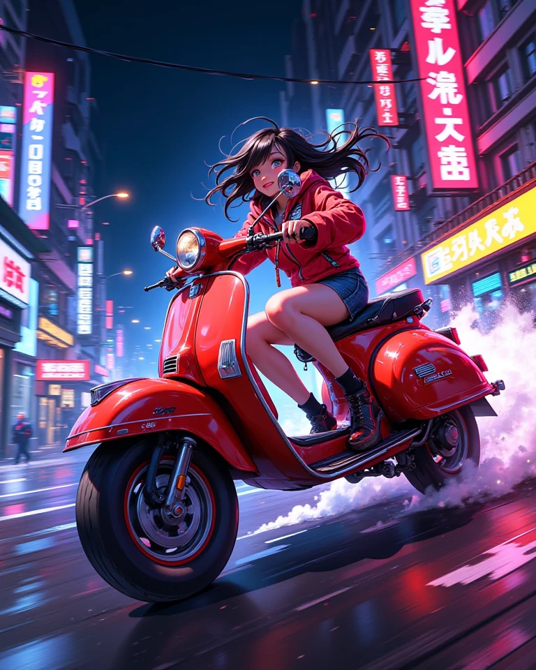 beautiful girl, black long hair, futuristic clothing, speeding riding cyberpunk scooter, city background