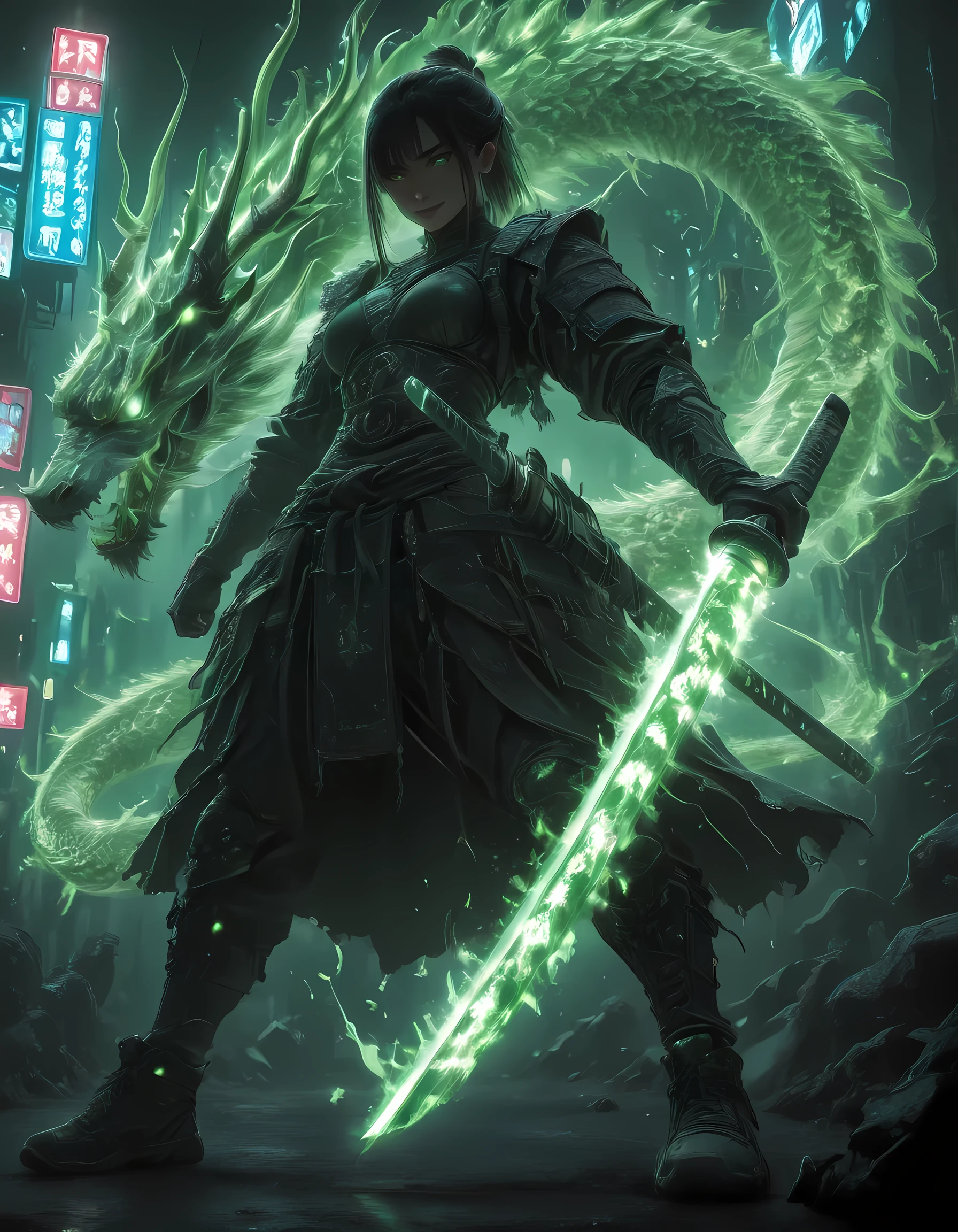Masterpiece, best quality, official art, 8k wallpaper, epic wallpaper, katana, stylish sneakers, detailed realistic samurai warrior wielding katana in stylish modern sneakers, cinematic dramatic lighting, gritty urban environment, neon cyberpunk cityscape, moody atmospheric colors, intricate detailed rendering, photorealistic, 8k, cinematic, dramatic, hyper detailed, ultra-realistic, high quality, sharp focus, studio lighting, intricate detailed streetewear, stylish sneakers streetewear,aura, dragon aura, ultimate dragon Jutsu, beautiful women, dragon background, looking at viewer, cute smile, green theme vibrant color,Skull ghost, detailed face and eyes, anatomycly correct,(detailed face and eyes), flawless women,