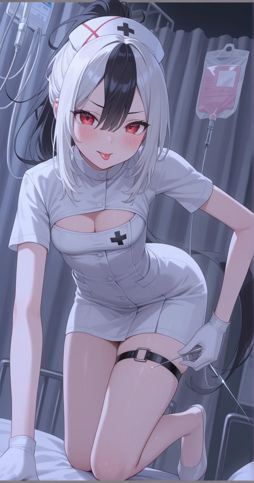 top-quality、Full limbs、(photorealistic:1.2)、complete fingers、1 beautiful woman、beautiful detailed eyes、super detailed skin、sweat、oil、Slender beauty、straight haired、blown hair、french braid、blunt bangs、head tilt、((white Nurse bikini、covered erectile nipples、very skinny))、cleavage、white nurse hat、White pantyhose、hospitals、Hospital Room、on Patient bed、(stethoscope)、((((vulgarity))))、(small breasts、nipples pointing up:1.7)