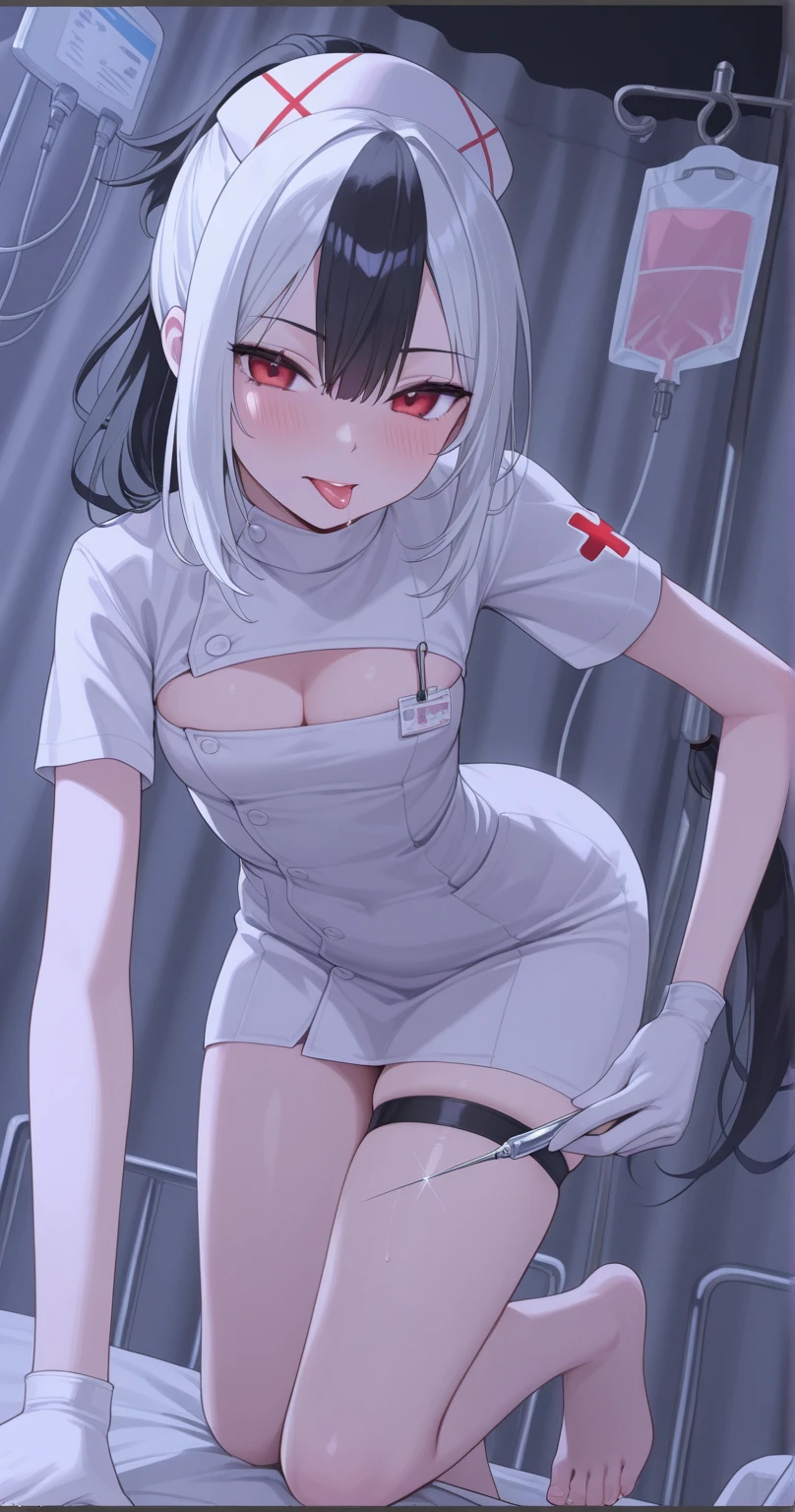 High resolution, Highest quality,  super high quality, Ultra-detailed, Cinematic lighting、(Butt on all fours:1.5)、(squat、woman 、(Nurse costume:1.5)、(White mini skirt:1.5)、Bobcut、White Hair、blue eyes、Beautiful Skin、Beautiful Face、Embarrassing、Beautiful Eyes、Sweaty、Sweat、Butt、Perfect Butt、Butt that makes you want to hit it、Sexy Butt