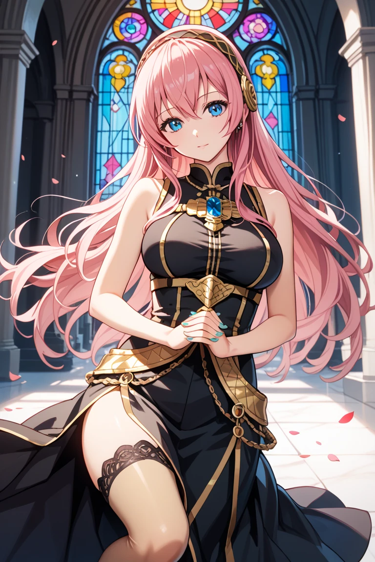 ((Highest quality)), ((masterpiece)), (detailed), (Perfect Face)、The woman is the evil goddess Lacus Clyne, who became the wife of the evil god Pazusu and became an evil god herself. She has blue eyes, medium-long pink hair, a hair ornament, an evil god necklace, evil accessories, a gorgeous evil god head chain tiara, and an engagement ring.、He reigns alongside the evil god Pazuzu at the luxurious altar of the Evil God Cult.