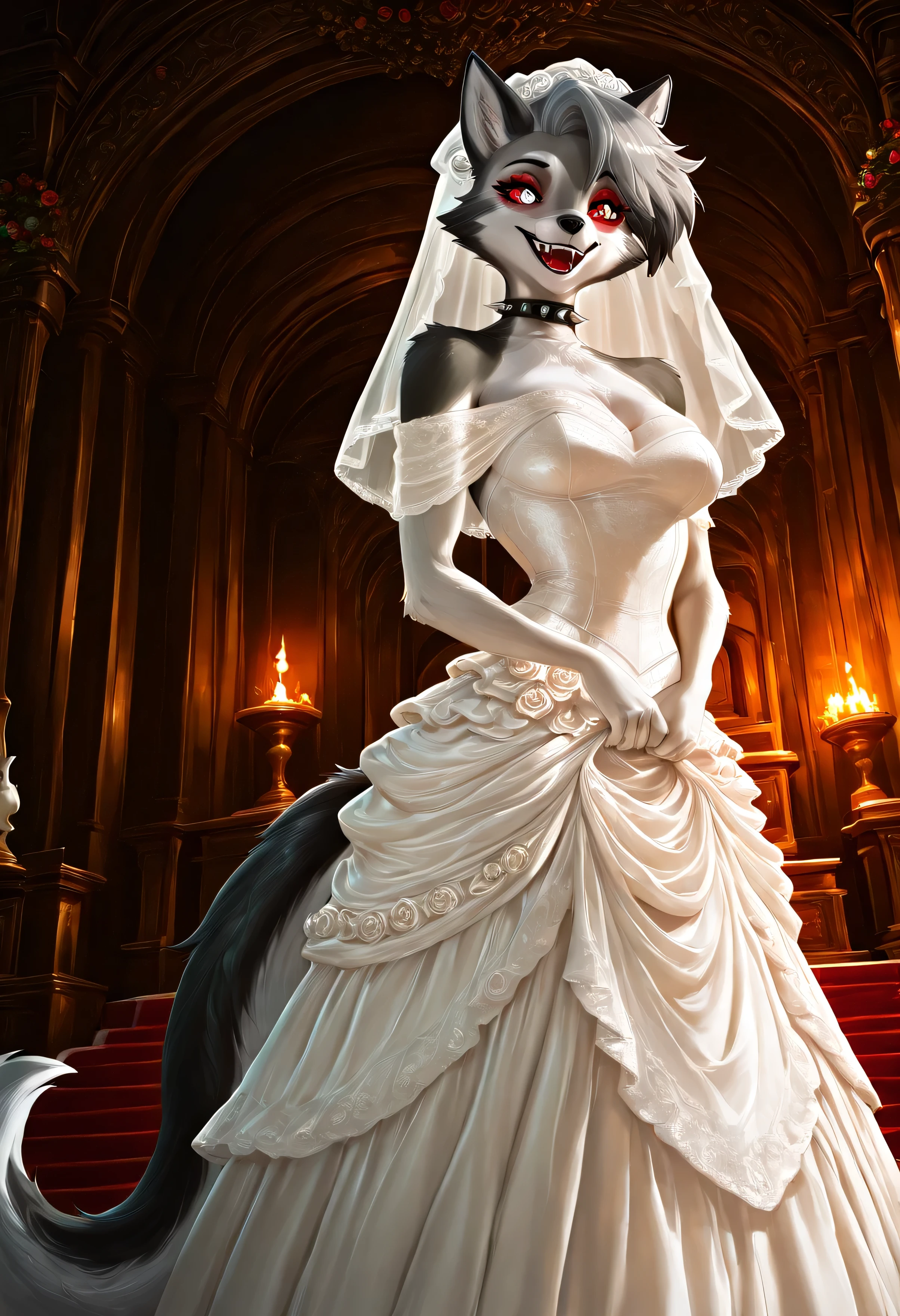 (sakimichan) , (score_9 , score_8_up , score_7_up) , 1dk , 8k , masterpiece , high quality , (Expressiveh:0 . 8) loona, helluva_boss, furry, anthro, tail, dog girl, wolf girl, animal nose, dog tail, furry female, wolf tail, furry, two-tone fur, gray fur, absurd res, sharp focus, detailed background, detailed skin, detailed hair, extremely detailed, ultra 8k quality, flat color, dark theme, Hyperrealistic, photorealistic, realistic, ultrarealistic, high definition, detailed fur, highres, super high resolution, 8k, White eyes, red sclera, high definition eyes, detailed eyes, high gradient eyes, canine teeth, short hair,
spiked collar, wedding dress, veil, holding bouqet
score_9, score_8_up, score_7_up, 1girl, solo, happy, smiling, bedroom eyes, giggle
standing, altar, wedding arch, flowers, decadent background