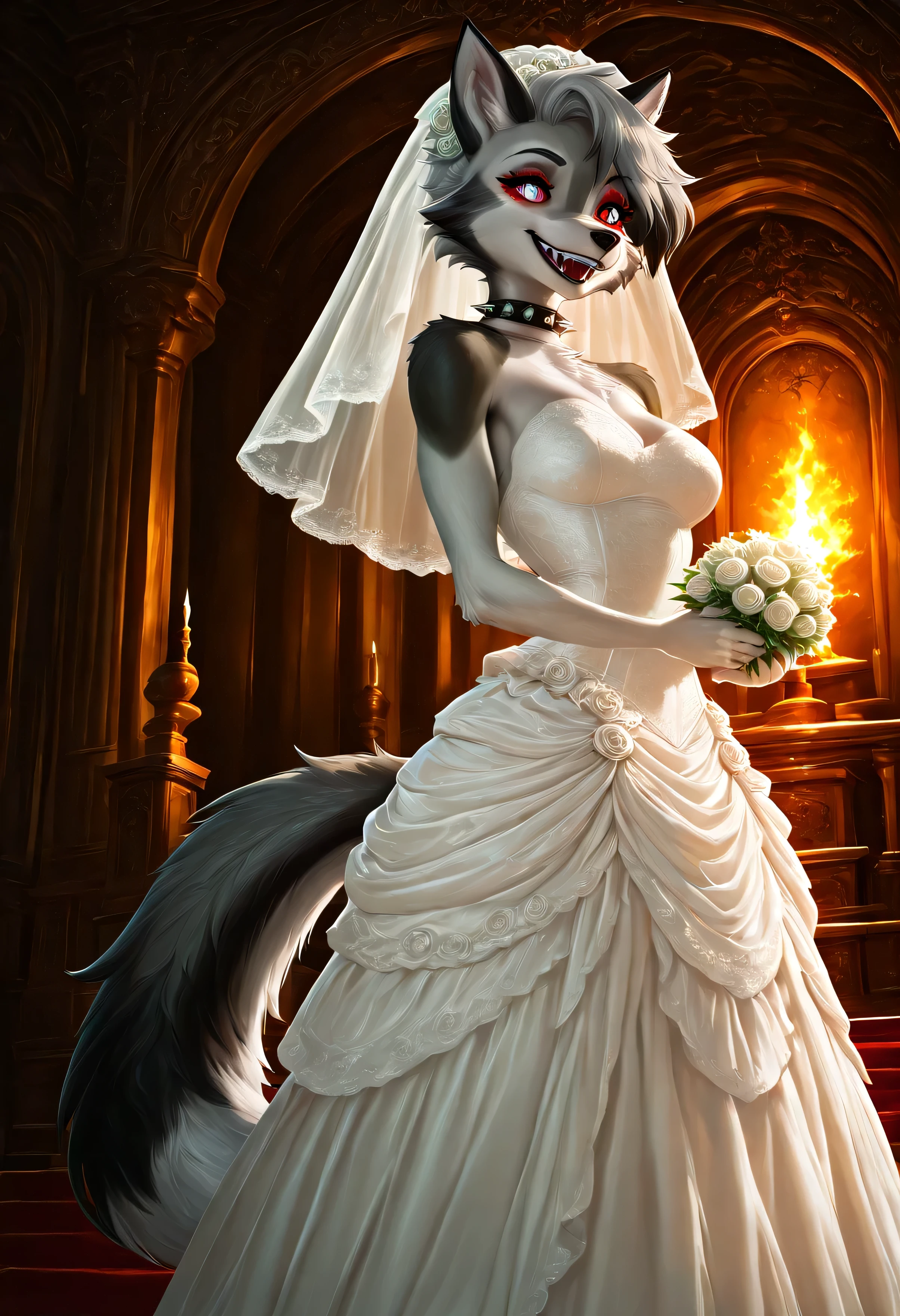 (sakimichan) , (score_9 , score_8_up , score_7_up) , 1dk , 8k , masterpiece , high quality , (Expressiveh:0 . 8) loona, helluva_boss, furry, anthro, tail, dog girl, wolf girl, animal nose, dog tail, furry female, wolf tail, furry, two-tone fur, gray fur, absurd res, sharp focus, detailed background, detailed skin, detailed hair, extremely detailed, ultra 8k quality, flat color, dark theme, Hyperrealistic, photorealistic, realistic, ultrarealistic, high definition, detailed fur, highres, super high resolution, 8k, White eyes, red sclera, high definition eyes, detailed eyes, high gradient eyes, canine teeth, short hair,
spiked collar, wedding dress, veil, holding bouqet
score_9, score_8_up, score_7_up, 1girl, solo, happy, smiling, bedroom eyes, giggle
standing, altar, wedding arch, flowers, decadent background