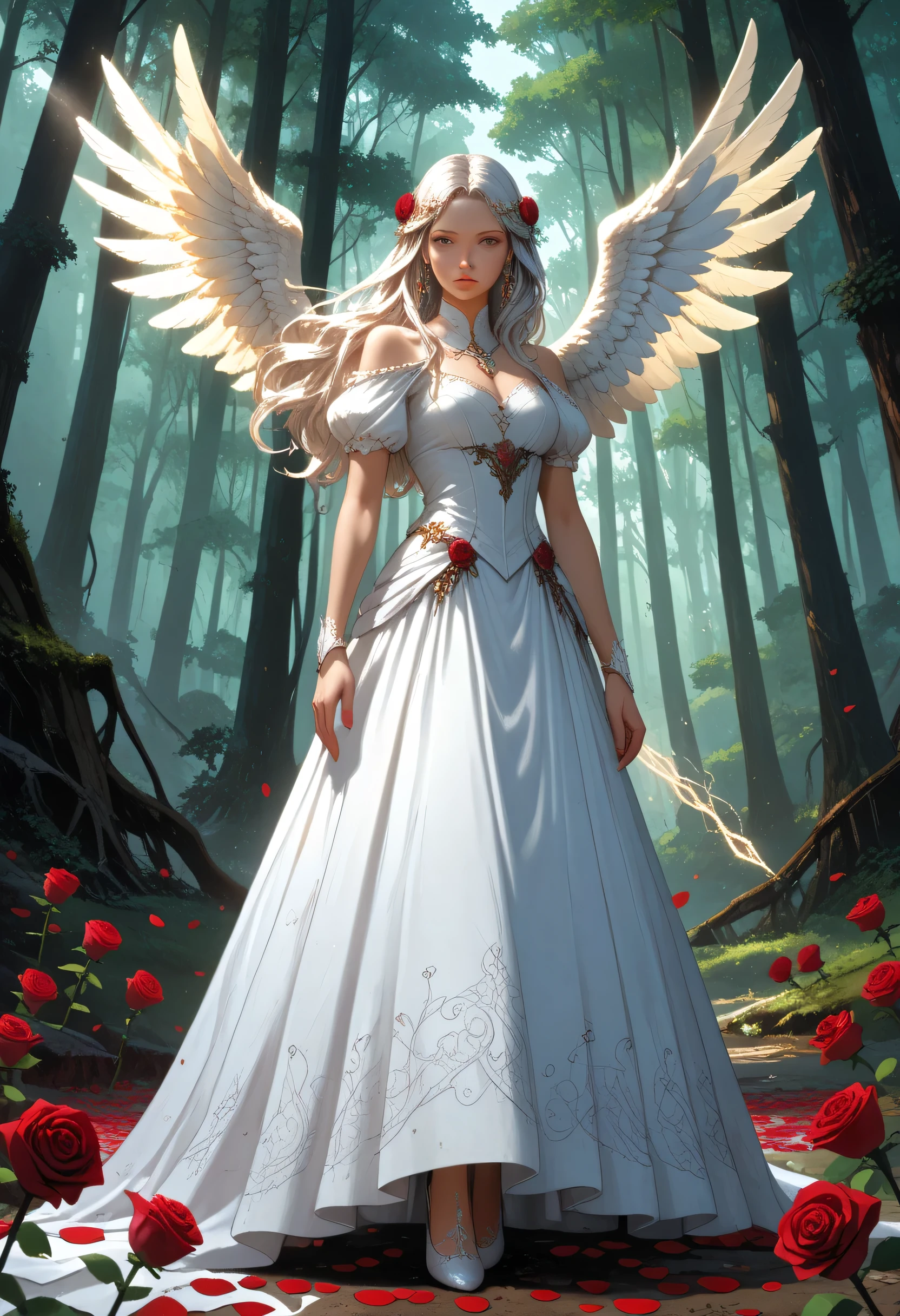 score_9, score_8_up, score_7_up, score_6_up, score_5_up, score_4_up,, anime comic illustration fantasy art, an of an a beautiful female angel standing in forest, red rose petals swirling around the angel, full body,  beautiful angel, long  hair strands, wearing intricate,  dress, flowing rose petals, swirling rose petals, fantasy forest background, it is dawn the sun rays reflect on the angel, sun rays hit the rose petals, ((high contrast: 1.5), [[anatomically correct]], high details, best quality, 8k, [ultra detailed], masterpiece, best quality, (extremely detailed), dynamic angle, ice queen