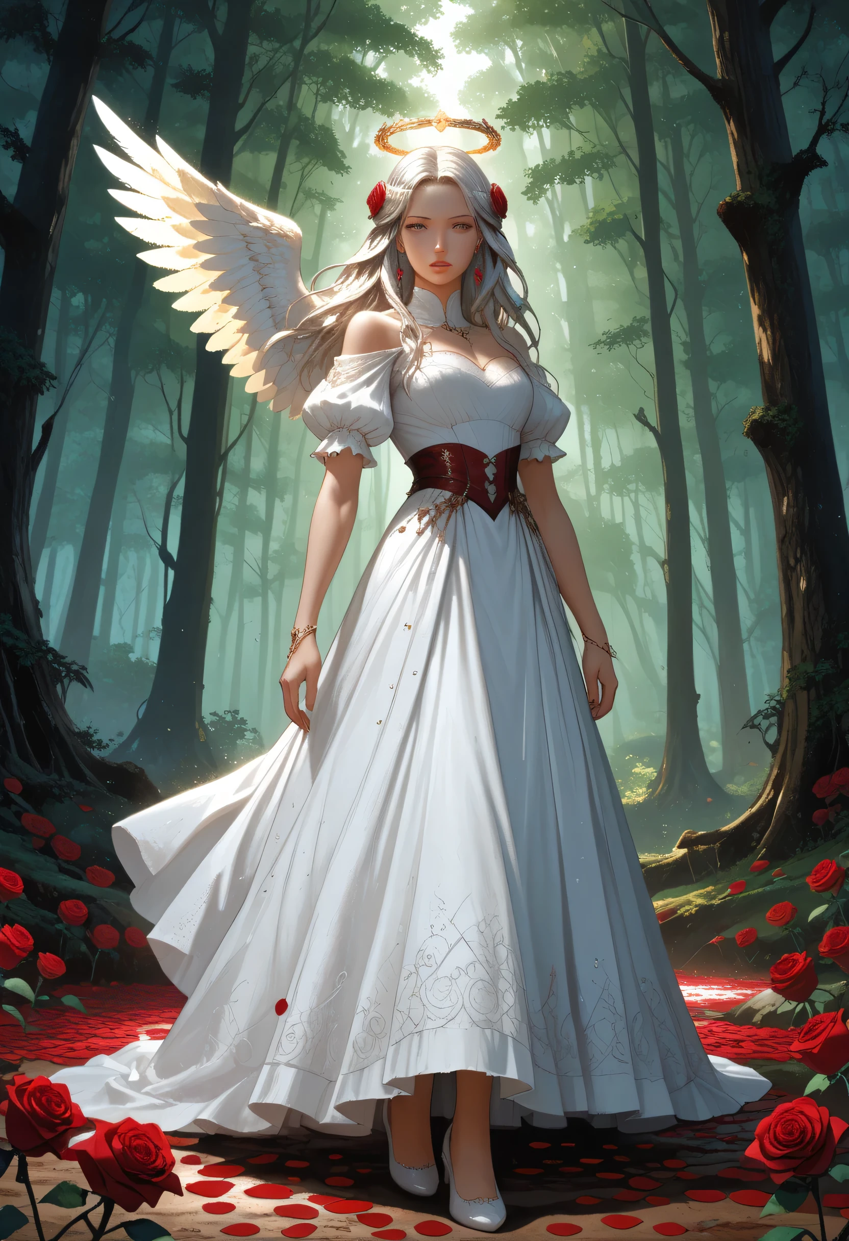 score_9, score_8_up, score_7_up, score_6_up, score_5_up, score_4_up,, anime comic illustration fantasy art, an of an a beautiful female angel standing in forest, red rose petals swirling around the angel, full body,  beautiful angel, long  hair strands, wearing intricate,  dress, flowing rose petals, swirling rose petals, fantasy forest background, it is dawn the sun rays reflect on the angel, sun rays hit the rose petals, ((high contrast: 1.5), [[anatomically correct]], high details, best quality, 8k, [ultra detailed], masterpiece, best quality, (extremely detailed), dynamic angle, ice queen