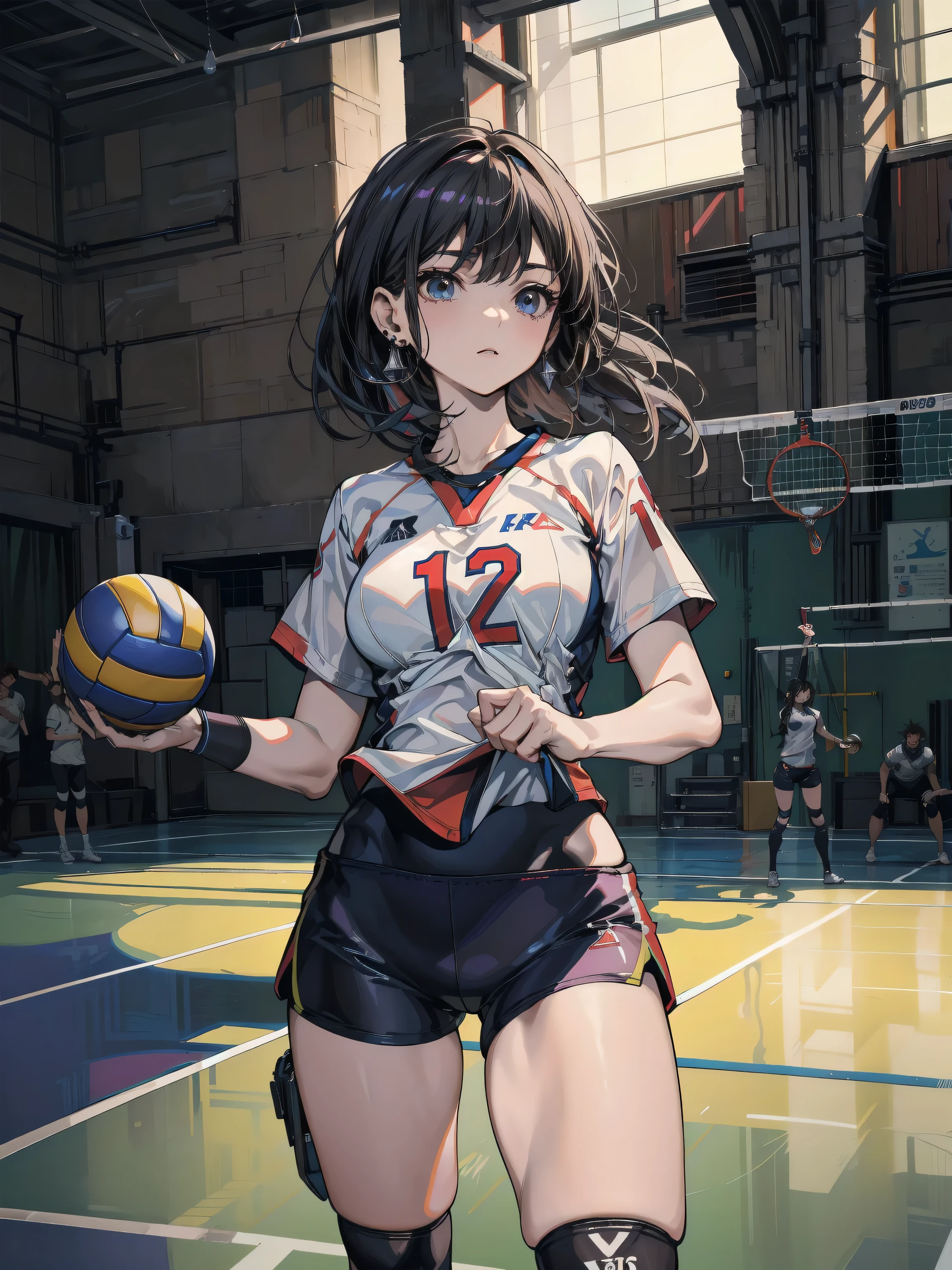 masutepiece、Best Quality、Illustration、 ultra-detailliert、hight resolution、8K Wallpapers、Perfect dynamic composition,、Beautiful detailed eyes、(Black Volleyball Uniforms:1.3)、Black bloomers、Brown hair、Medium Hair、(Beautiful Large Breasts:1.3)、Natural Color Lip、Bold sexy poses、Smile、20 years girl、Cute、Sexy shot looking at camera、Gymnasium、Volleyball Court